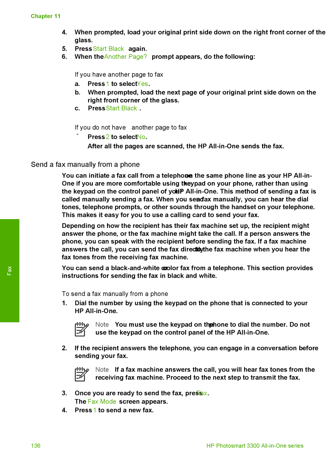 HP 3300 Send a fax manually from a phone, If you have another page to fax, If you do not have another page to fax 