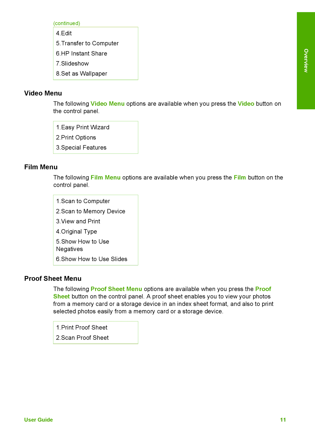 HP 3300 manual Video Menu, Film Menu, Proof Sheet Menu 