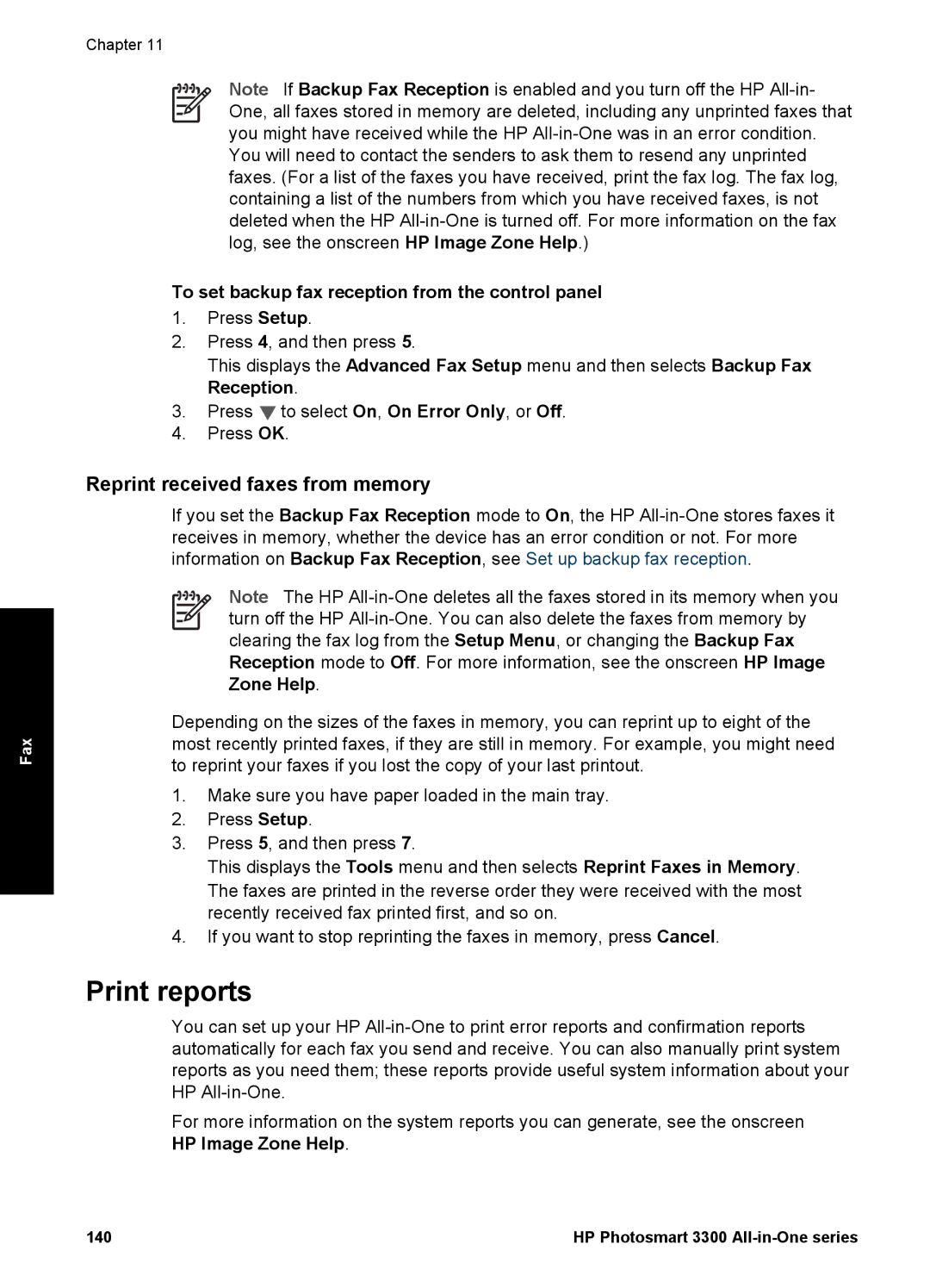 HP 3300 manual Print reports, Reprint received faxes from memory, To set backup fax reception from the control panel 