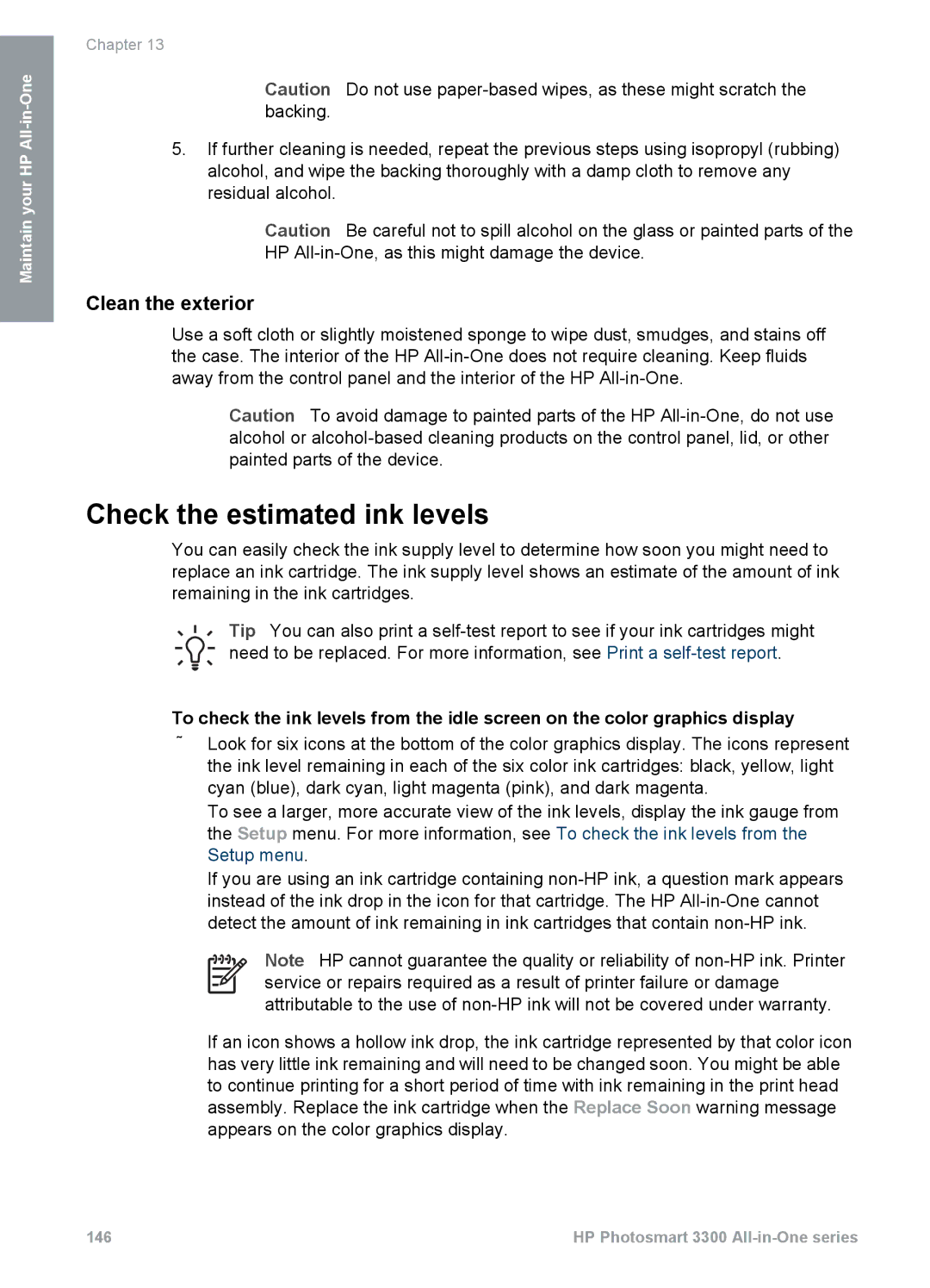 HP 3300 manual Check the estimated ink levels, Clean the exterior 