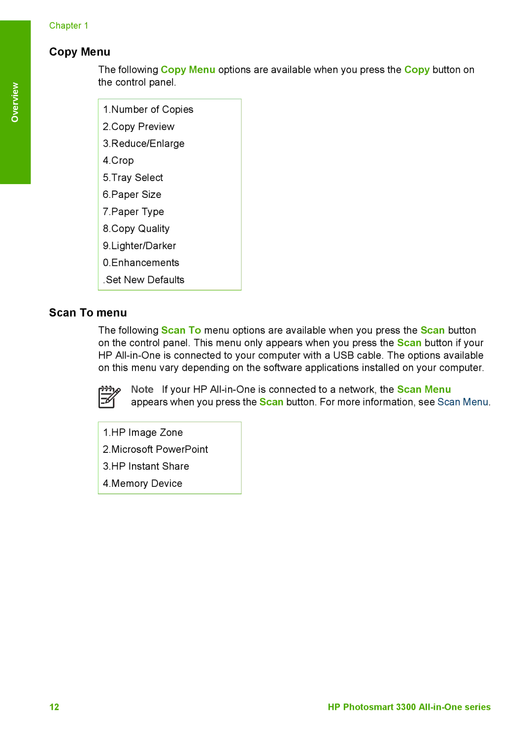 HP 3300 manual Copy Menu, Scan To menu 