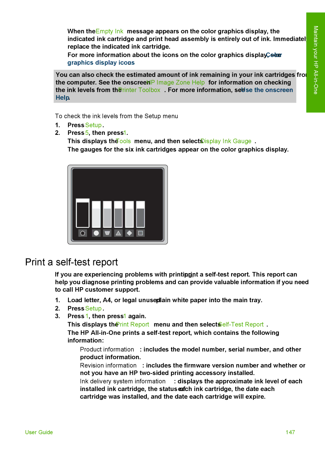 HP 3300 manual Print a self-test report, To check the ink levels from the Setup menu 
