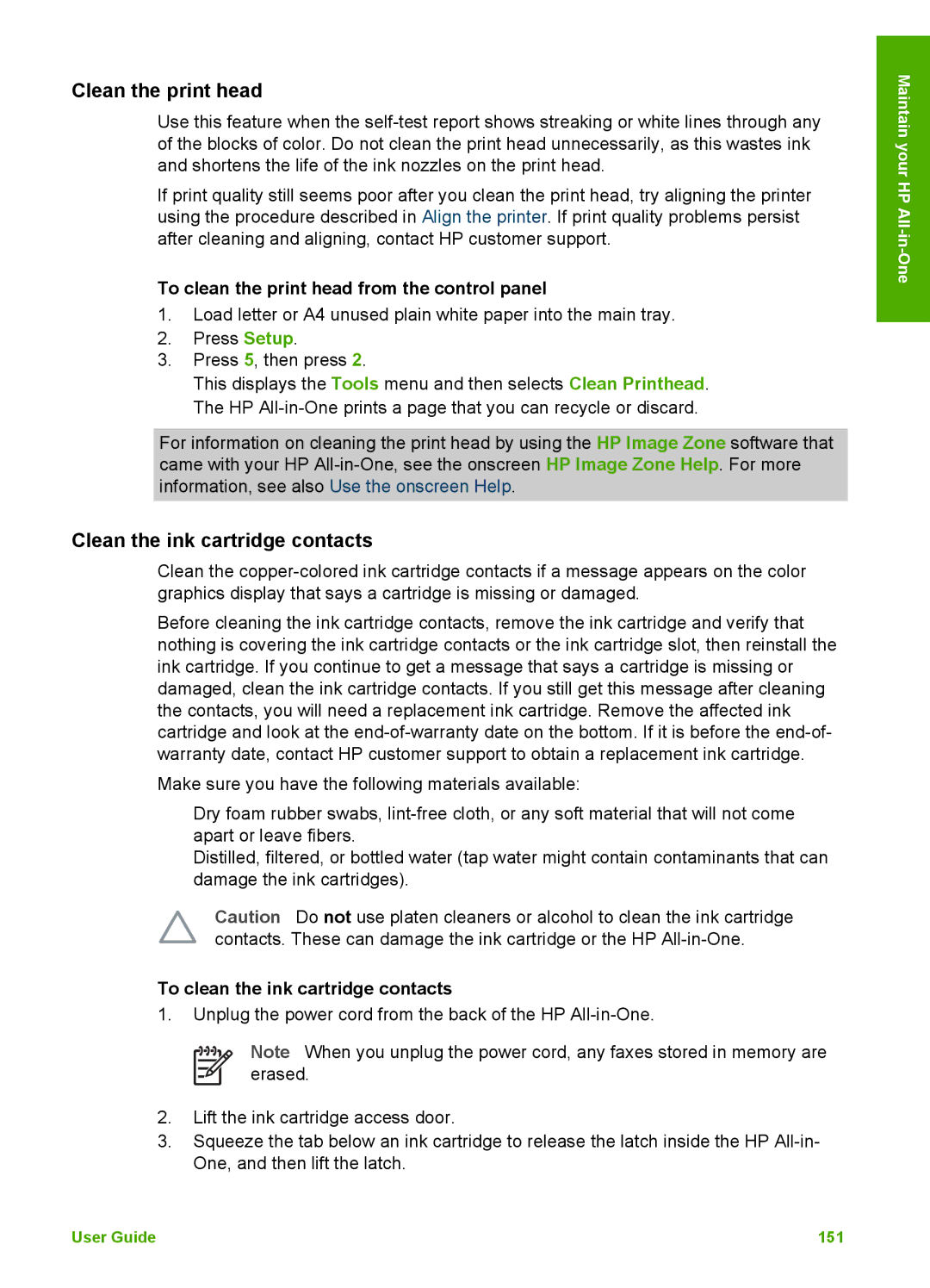 HP 3300 manual Clean the print head, Clean the ink cartridge contacts, To clean the print head from the control panel 