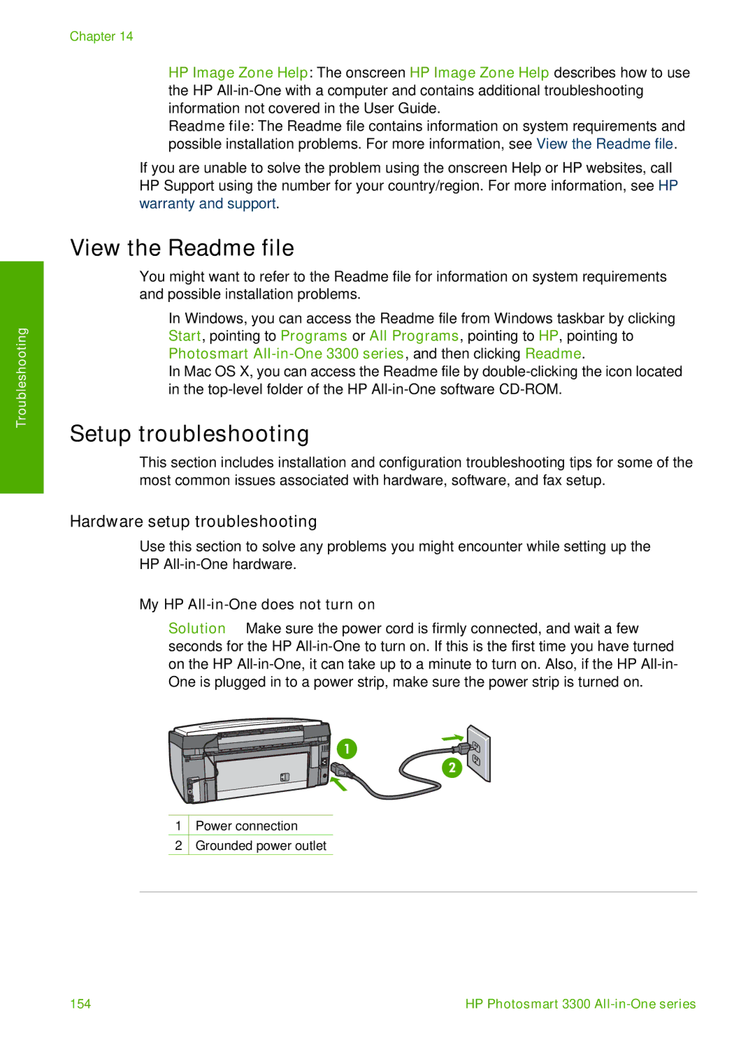 HP 3300 View the Readme file, Setup troubleshooting, Hardware setup troubleshooting, My HP All-in-One does not turn on 