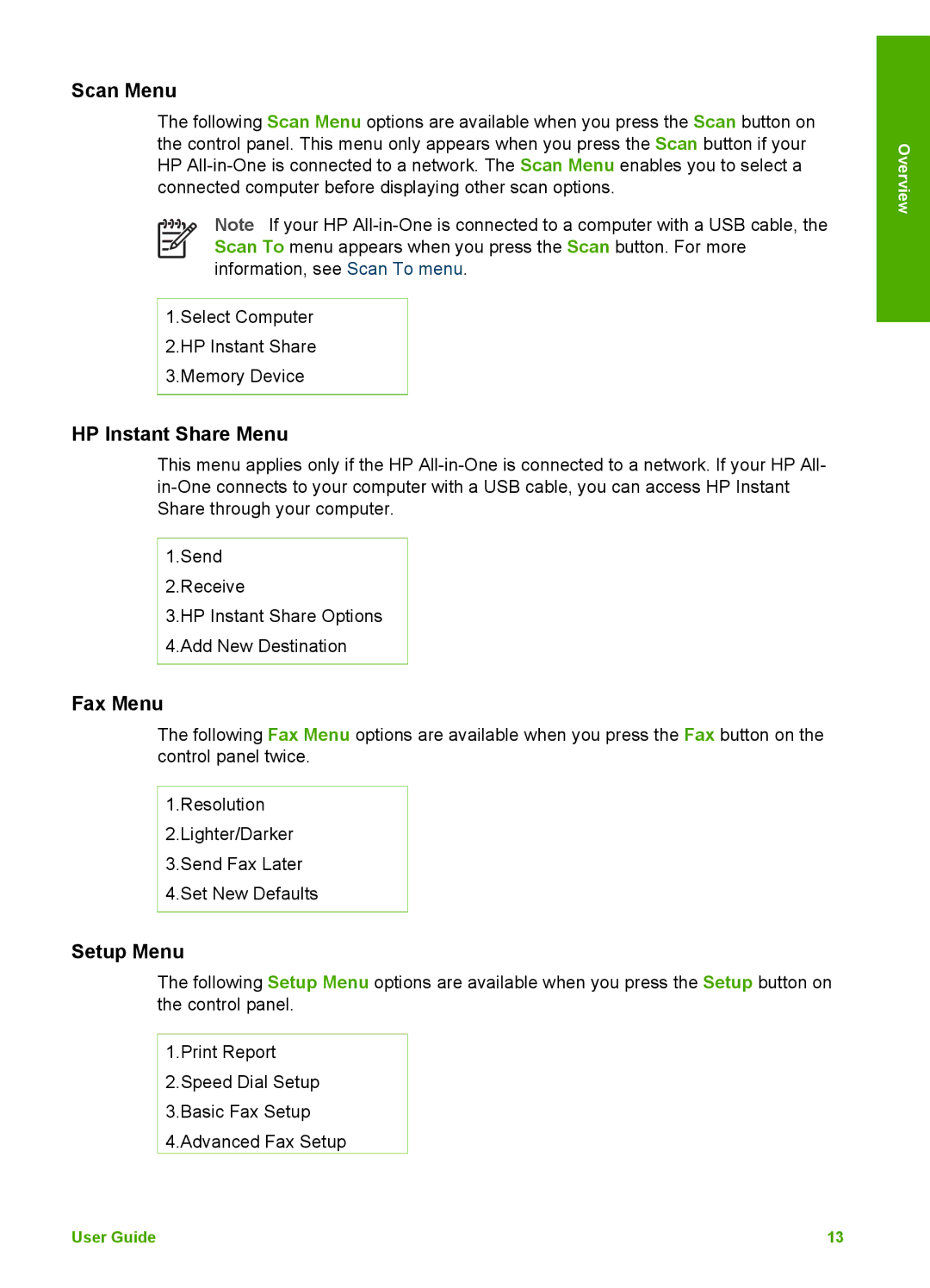 HP 3300 manual Scan Menu, HP Instant Share Menu, Fax Menu, Setup Menu 