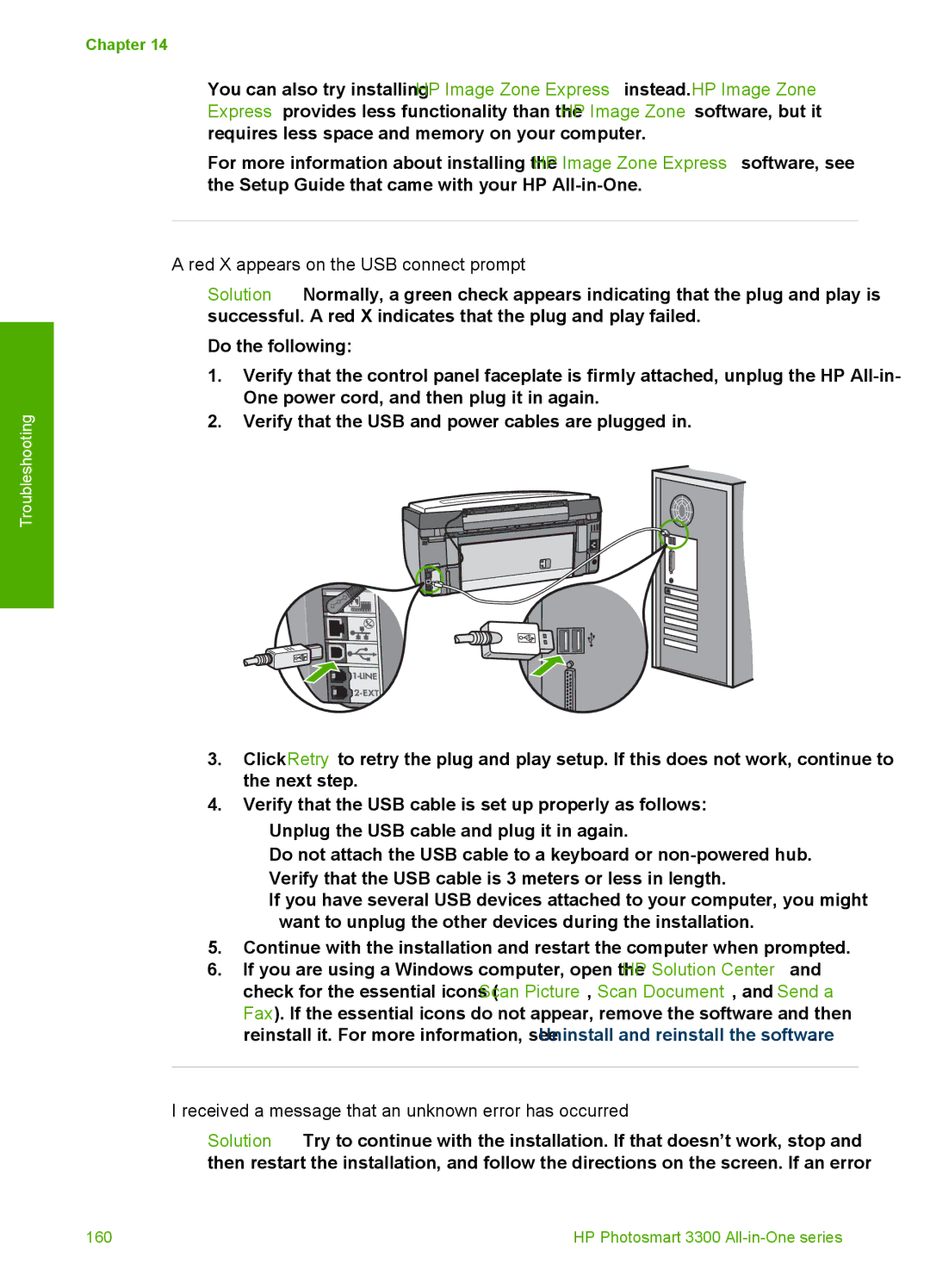 HP 3300 manual Red X appears on the USB connect prompt, Received a message that an unknown error has occurred 