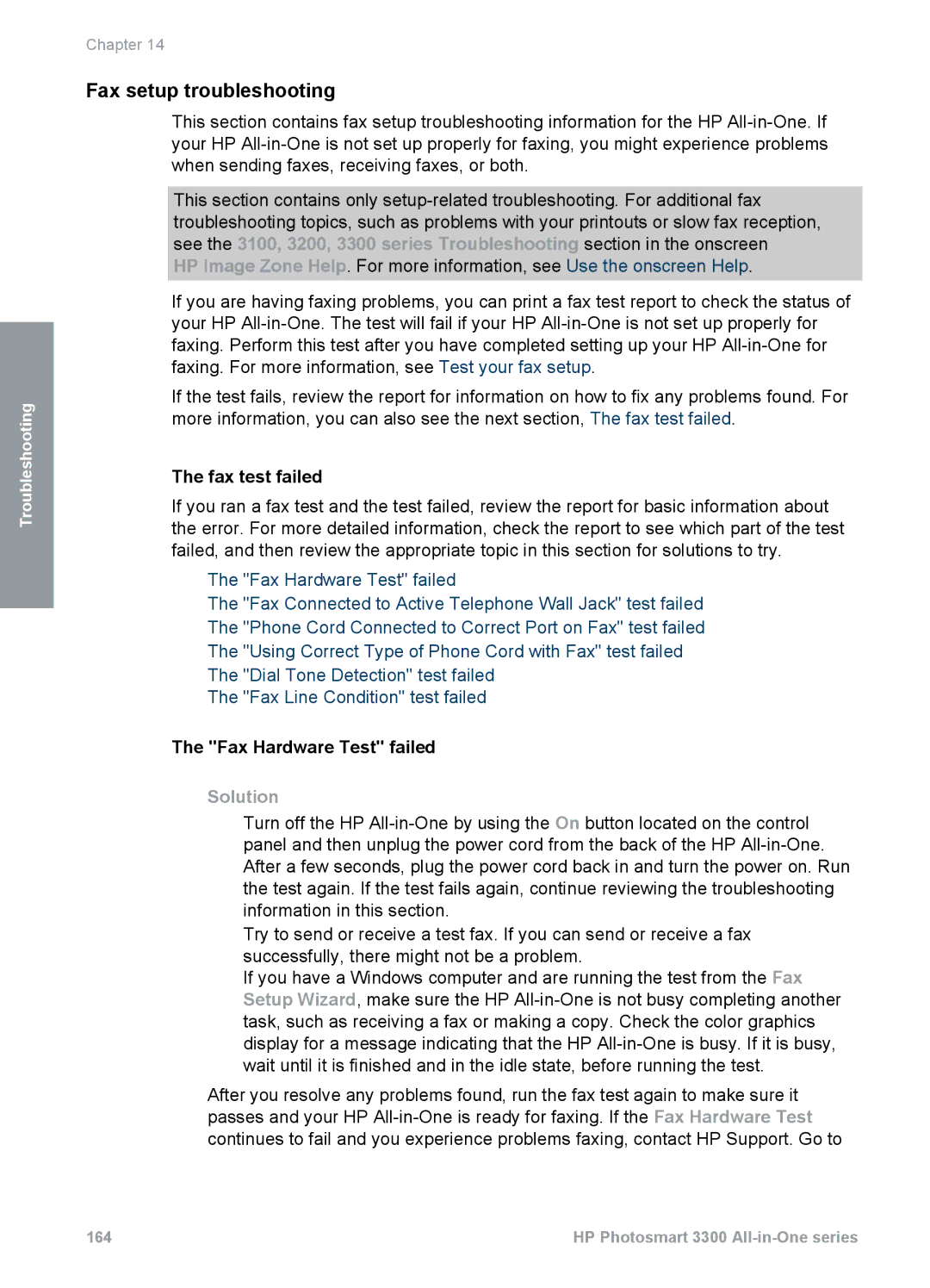 HP 3300 manual Fax setup troubleshooting, Fax test failed, Fax Hardware Test failed, Solution 