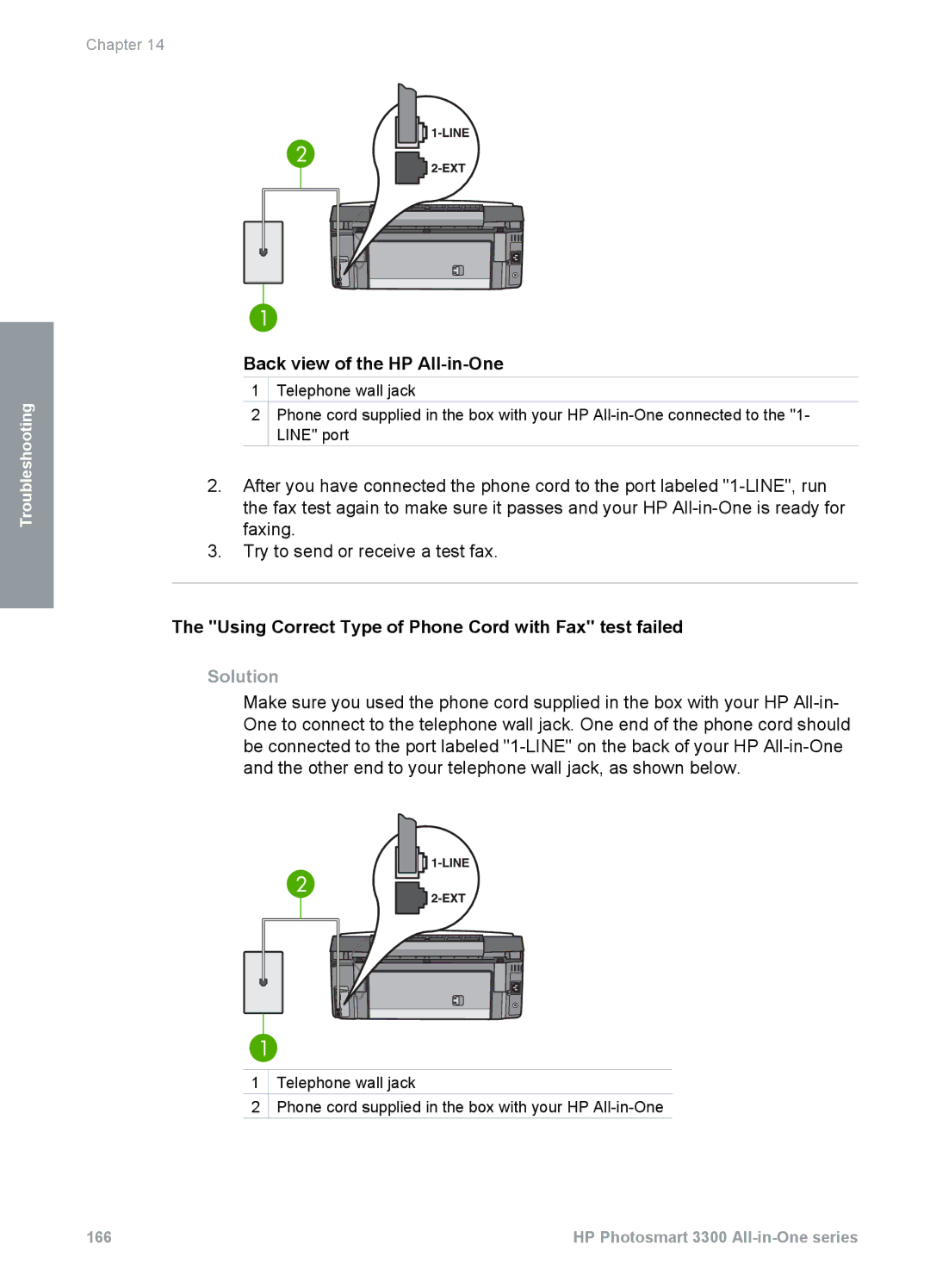 HP 3300 manual Back view of the HP All-in-One, Using Correct Type of Phone Cord with Fax test failed 