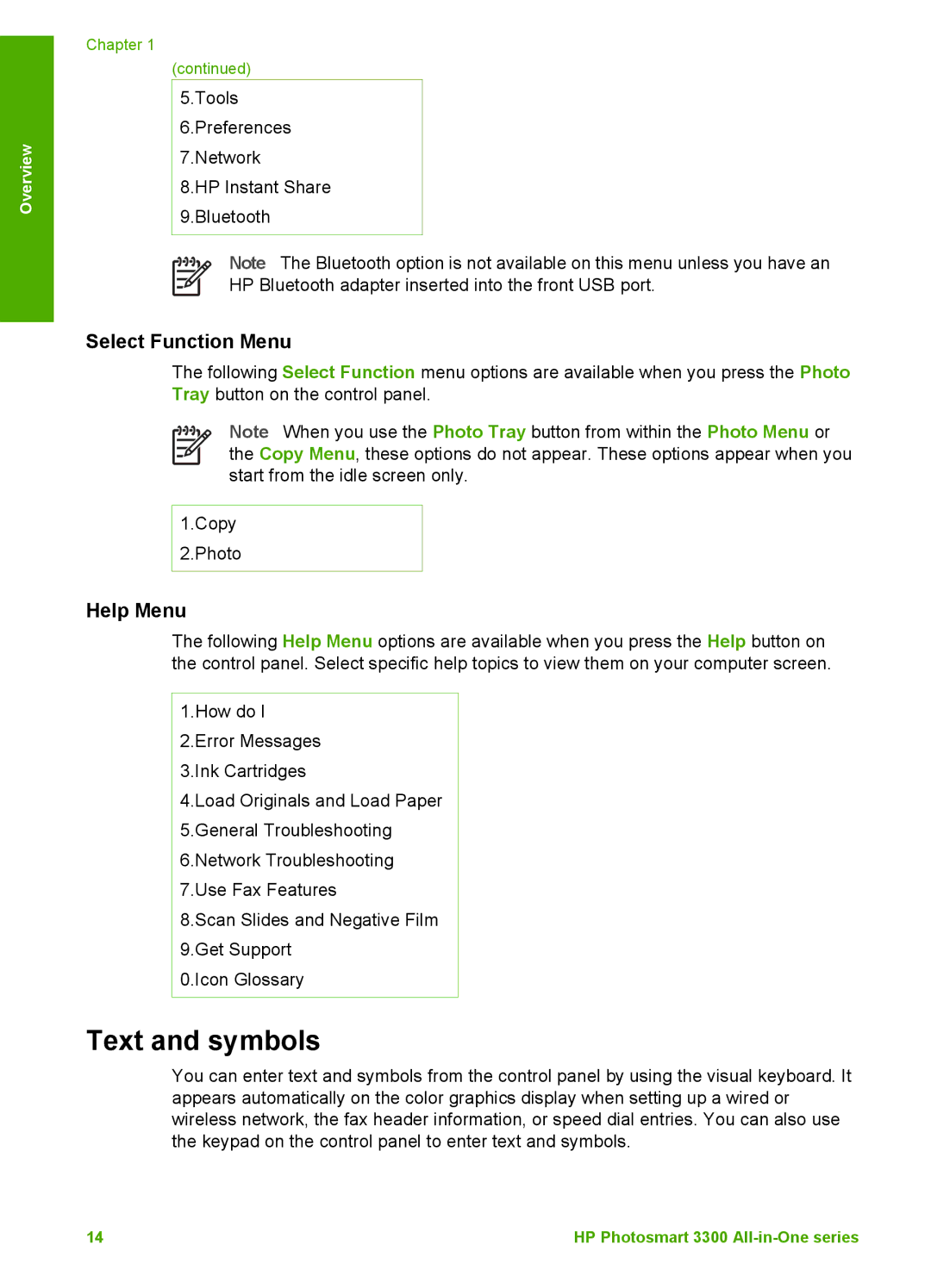 HP 3300 manual Text and symbols, Select Function Menu, Help Menu 