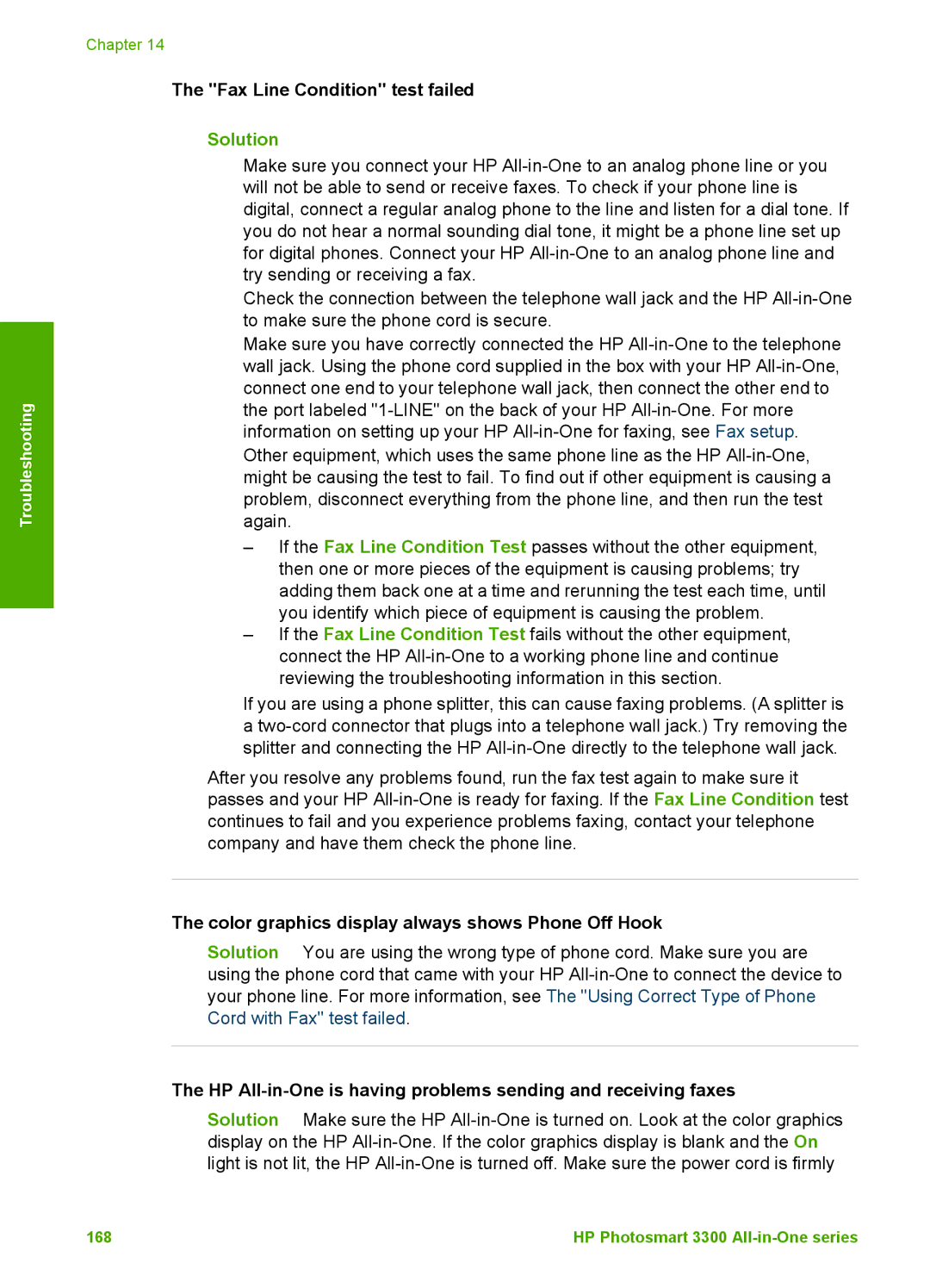 HP 3300 manual Fax Line Condition test failed, Color graphics display always shows Phone Off Hook 