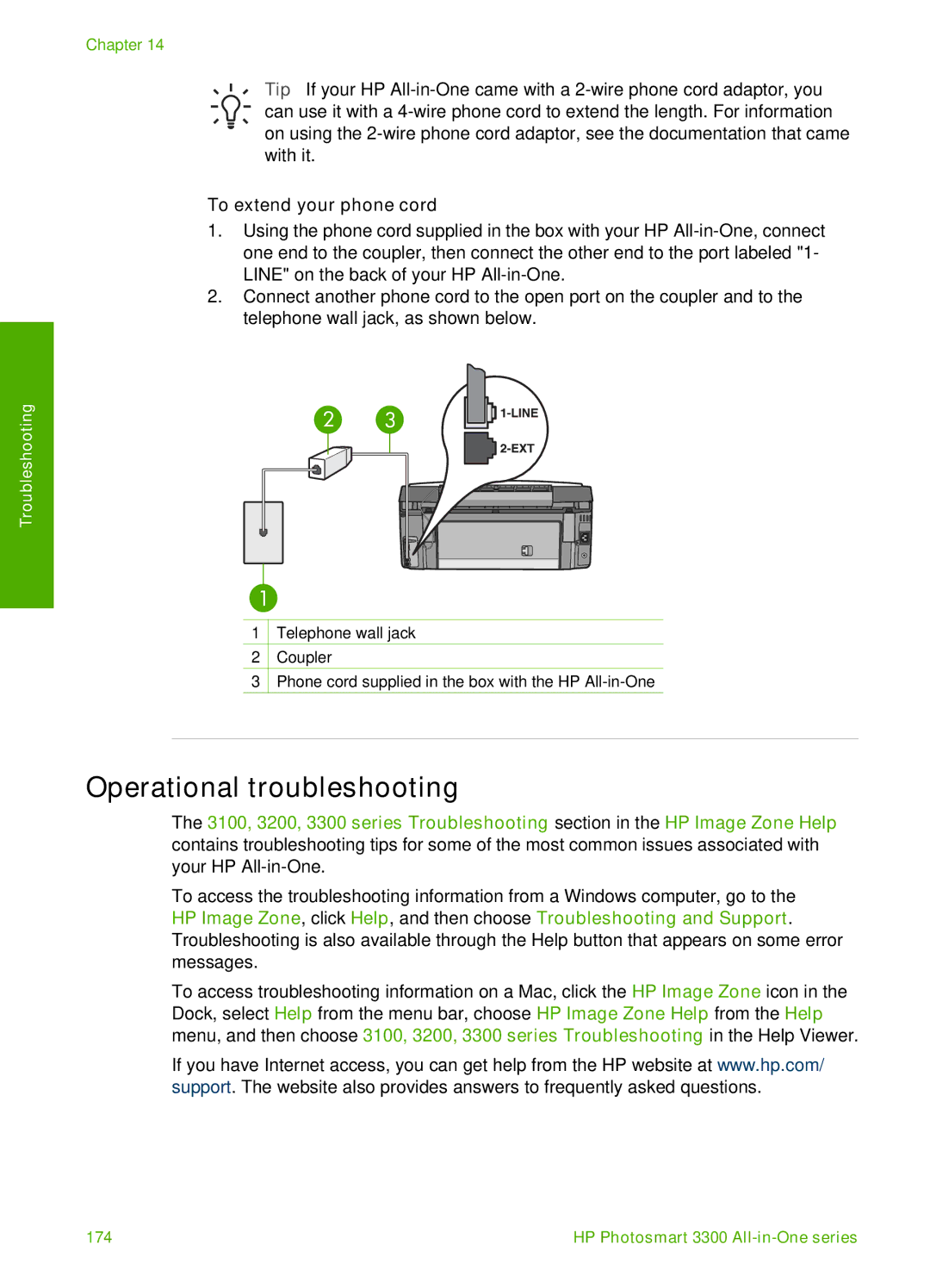 HP 3300 manual Operational troubleshooting, To extend your phone cord 