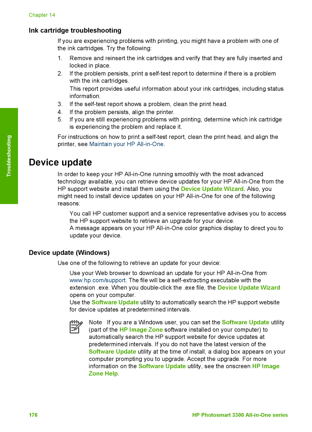 HP 3300 manual Ink cartridge troubleshooting, Device update Windows 