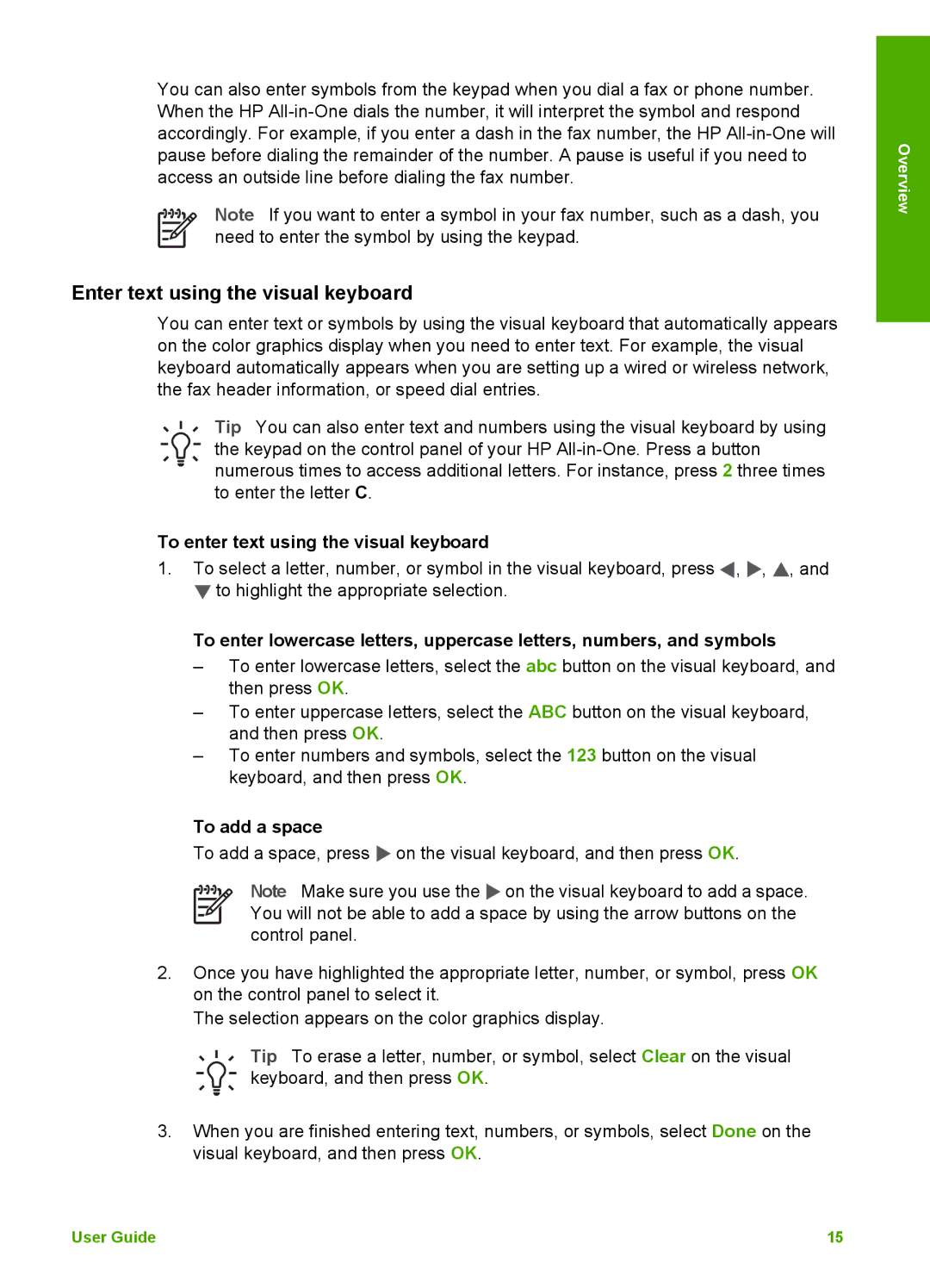 HP 3300 manual Enter text using the visual keyboard, To enter text using the visual keyboard, To add a space 