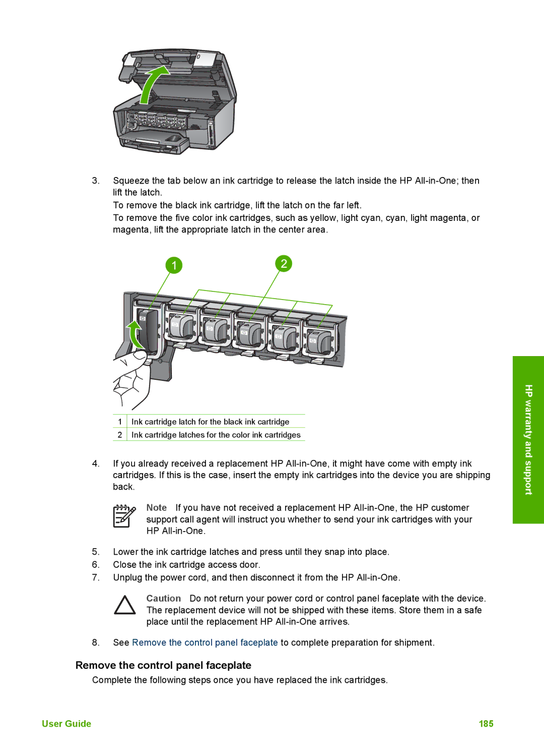 HP 3300 manual Remove the control panel faceplate, User Guide 185 