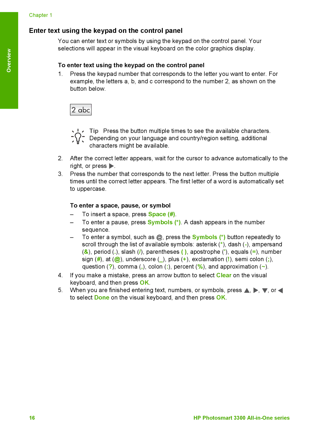 HP 3300 manual Enter text using the keypad on the control panel, To enter text using the keypad on the control panel 