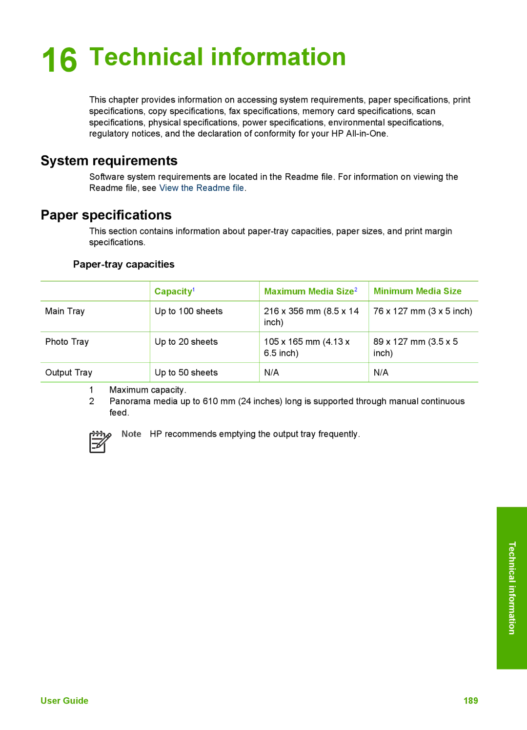 HP 3300 manual Technical information, Paper-tray capacities 