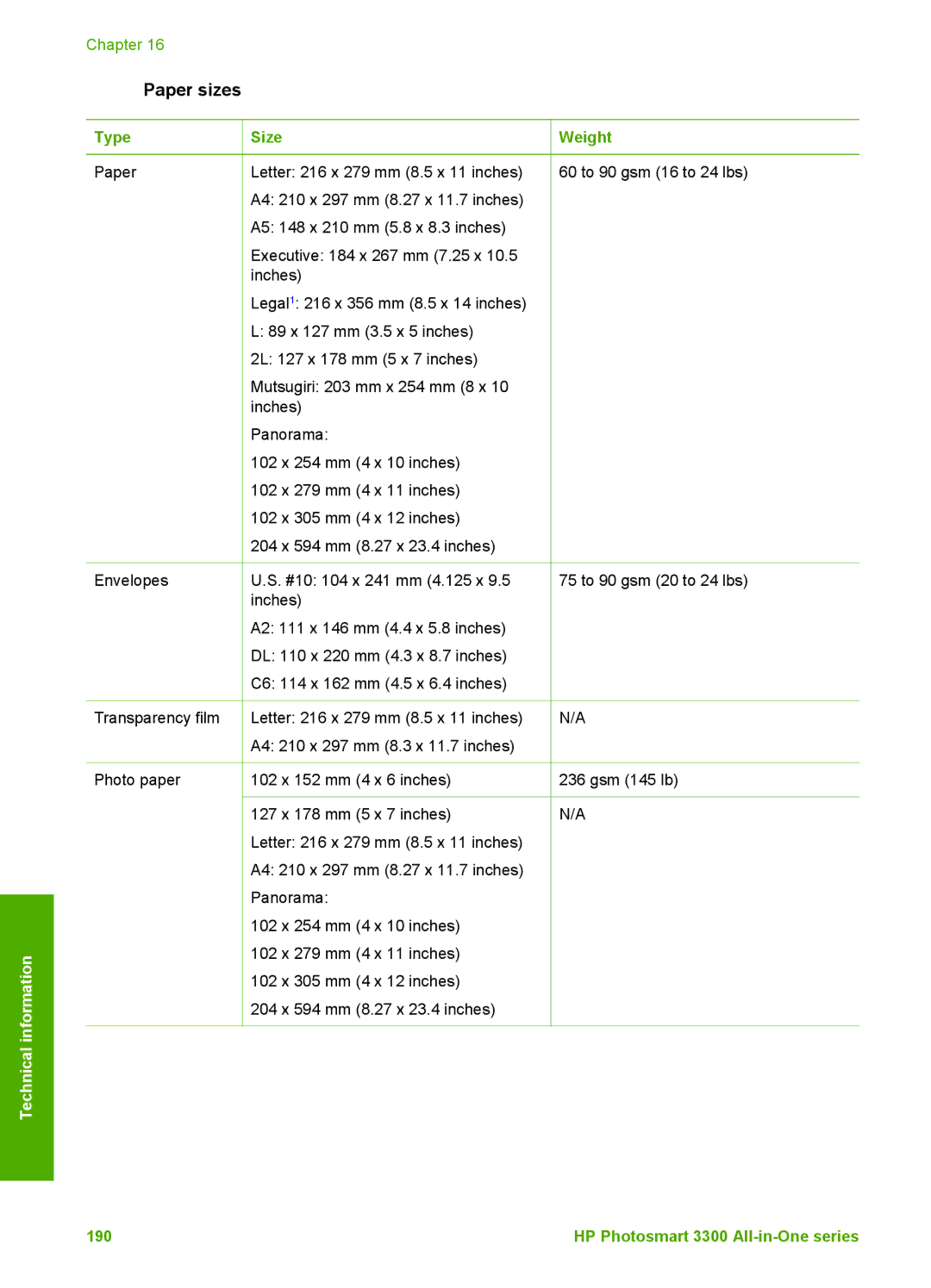 HP 3300 manual Paper sizes, Type Size Weight 