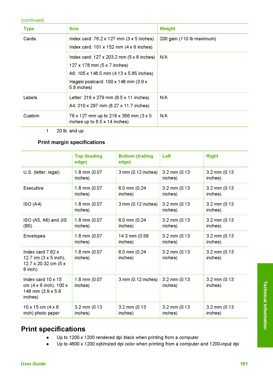 HP 3300 manual Print margin specifications, Top leading Bottom trailing Left Right Edge 