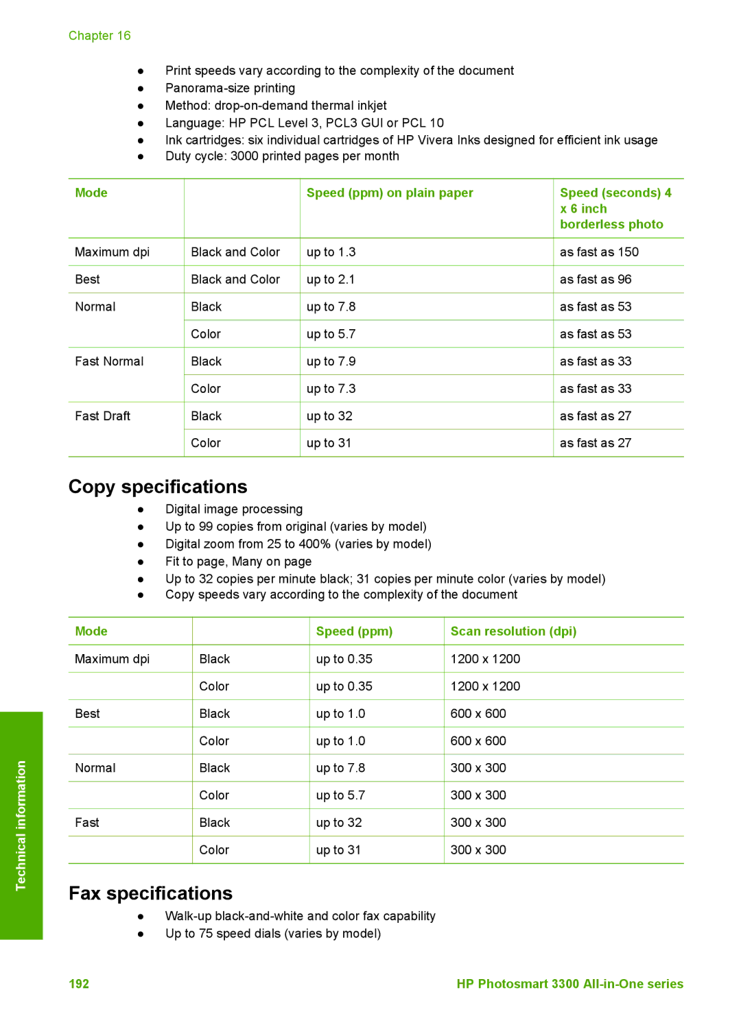 HP 3300 manual Copy specifications 