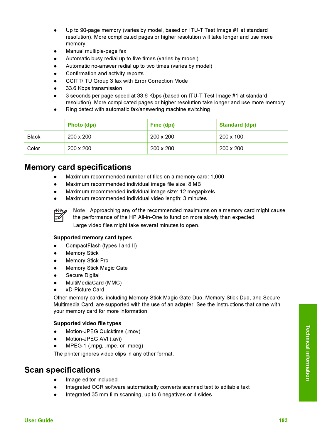 HP 3300 manual Memory card specifications 