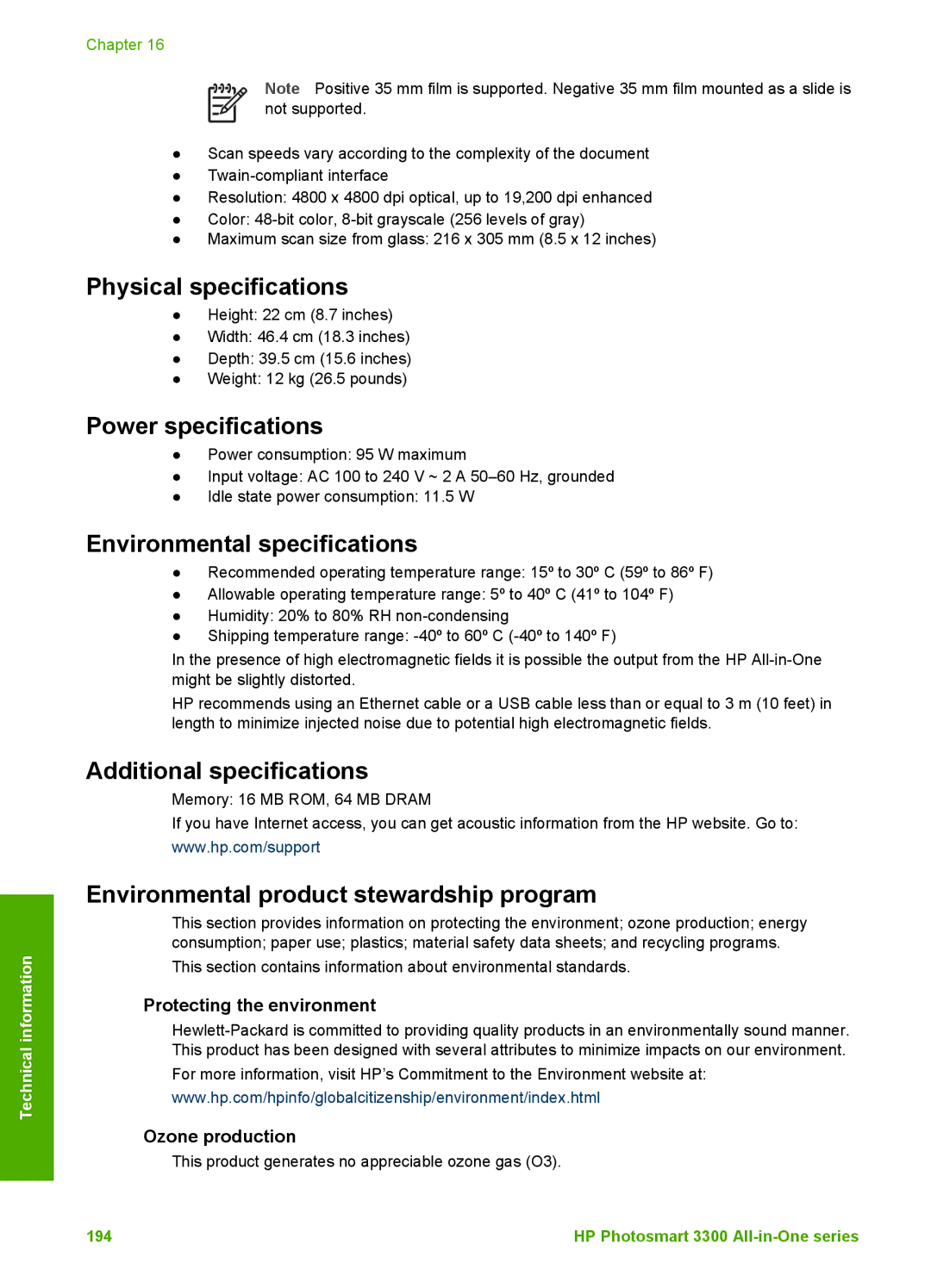 HP 3300 manual Protecting the environment, Ozone production 