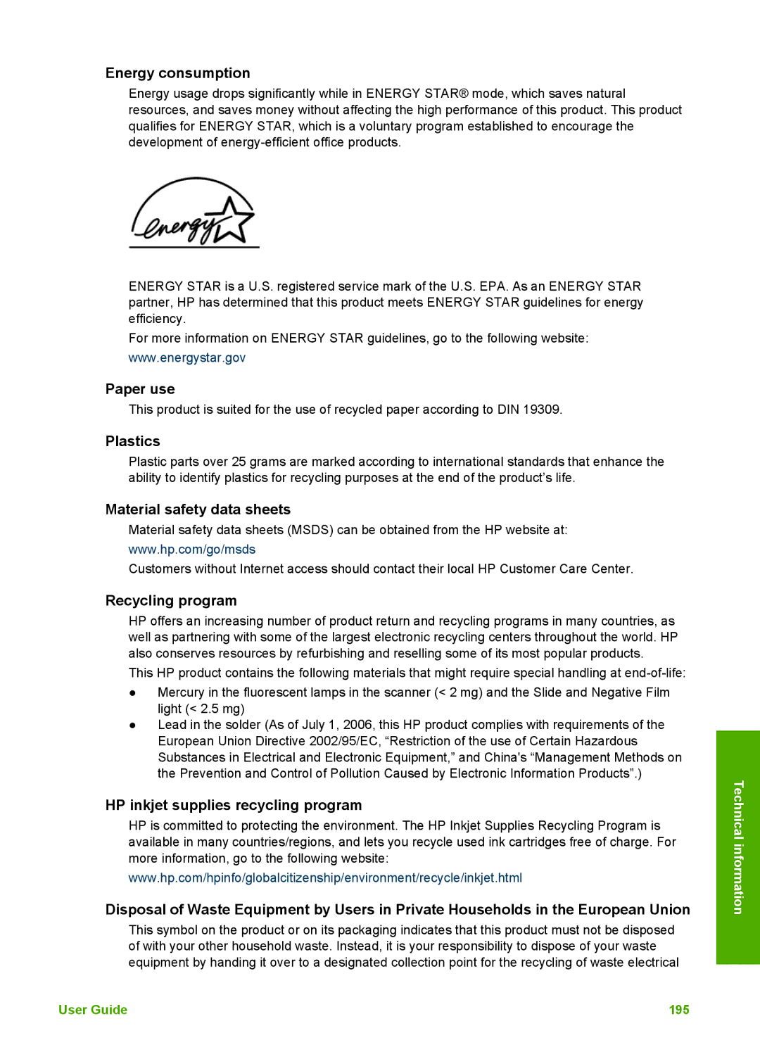 HP 3300 manual Energy consumption, Paper use, Plastics, Material safety data sheets, Recycling program 