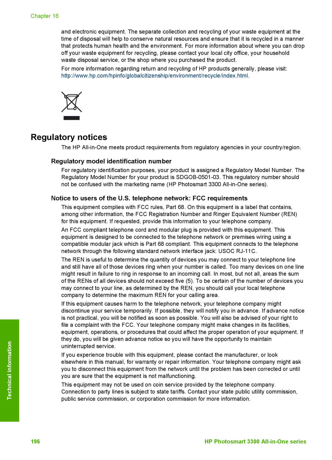 HP 3300 manual Regulatory notices, Regulatory model identification number 