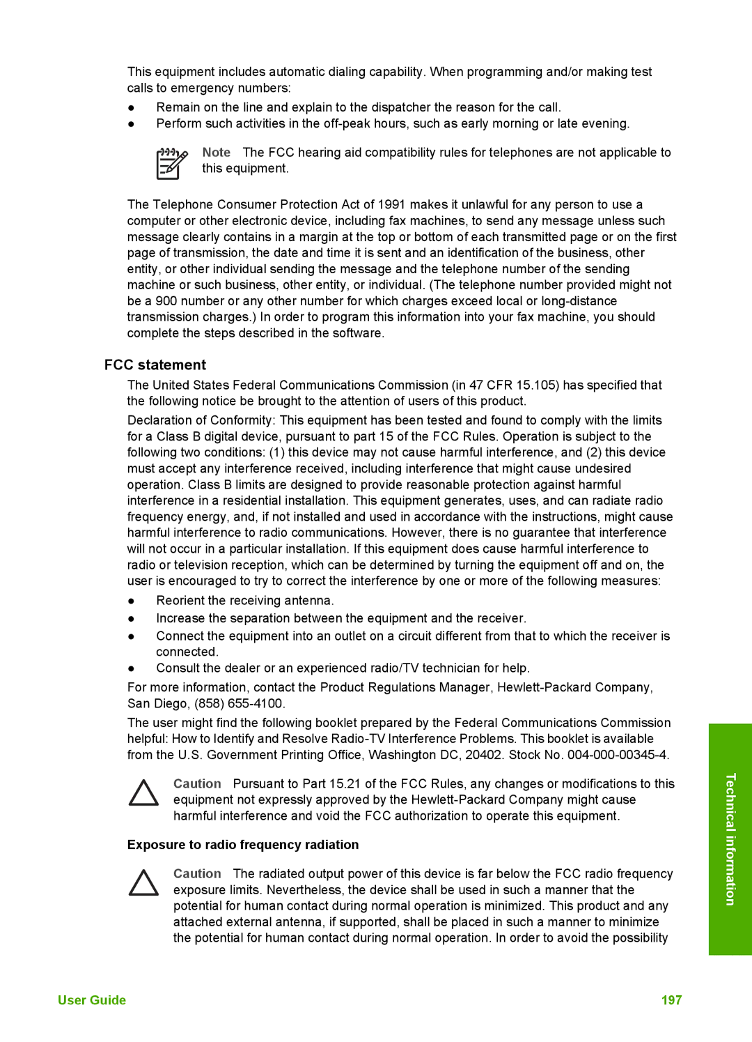 HP 3300 manual FCC statement, User Guide 197 