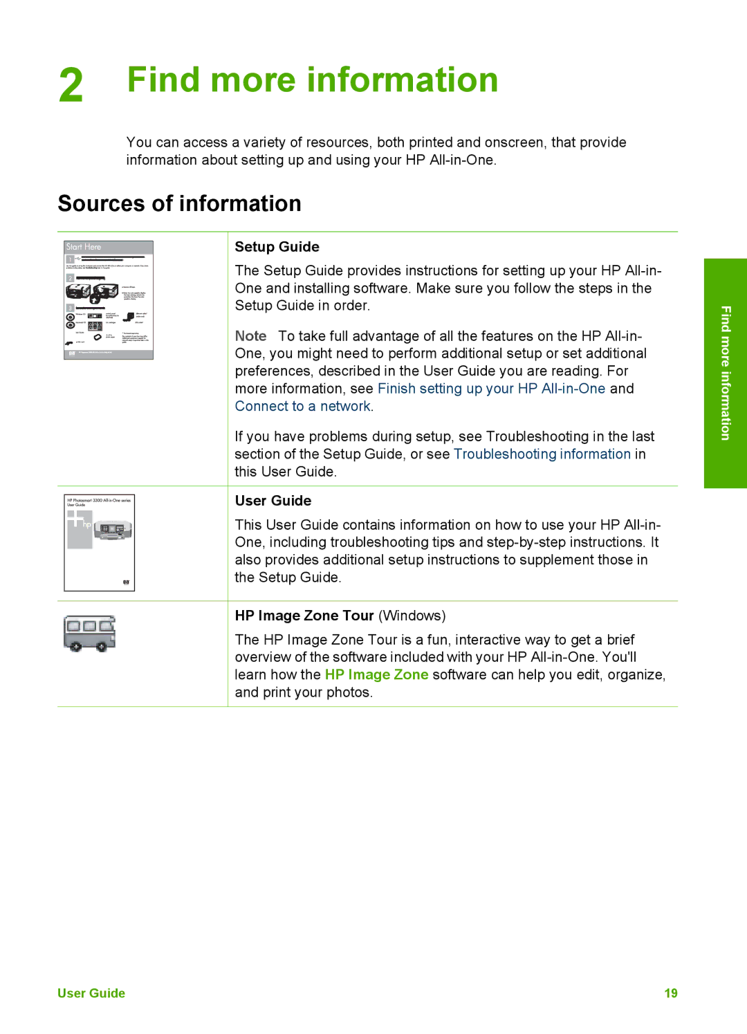 HP 3300 manual Find more information, Sources of information, Setup Guide, User Guide, HP Image Zone Tour Windows 