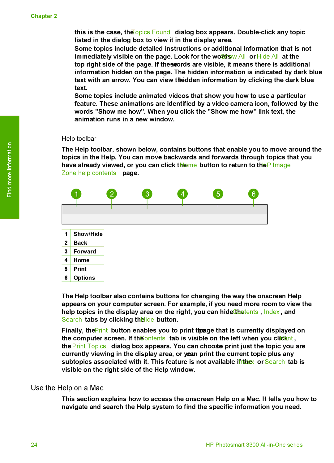 HP 3300 manual Use the Help on a Mac, Help toolbar 