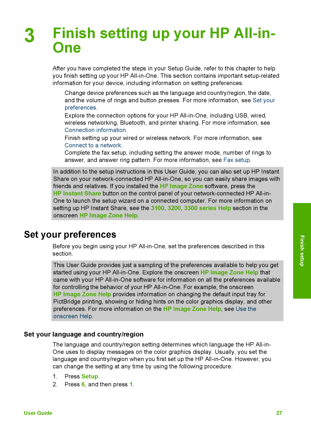 HP 3300 manual Finish setting up your HP All-in, One, Set your preferences, Set your language and country/region 