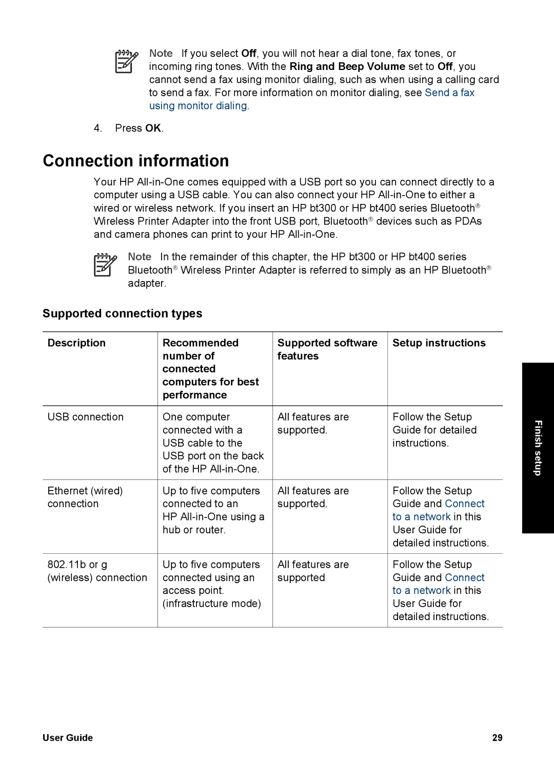 HP 3300 manual Connection information, Supported connection types 