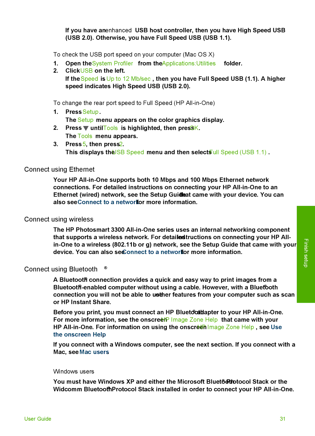 HP 3300 manual Connect using Ethernet, Connect using wireless, Connect using Bluetooth 