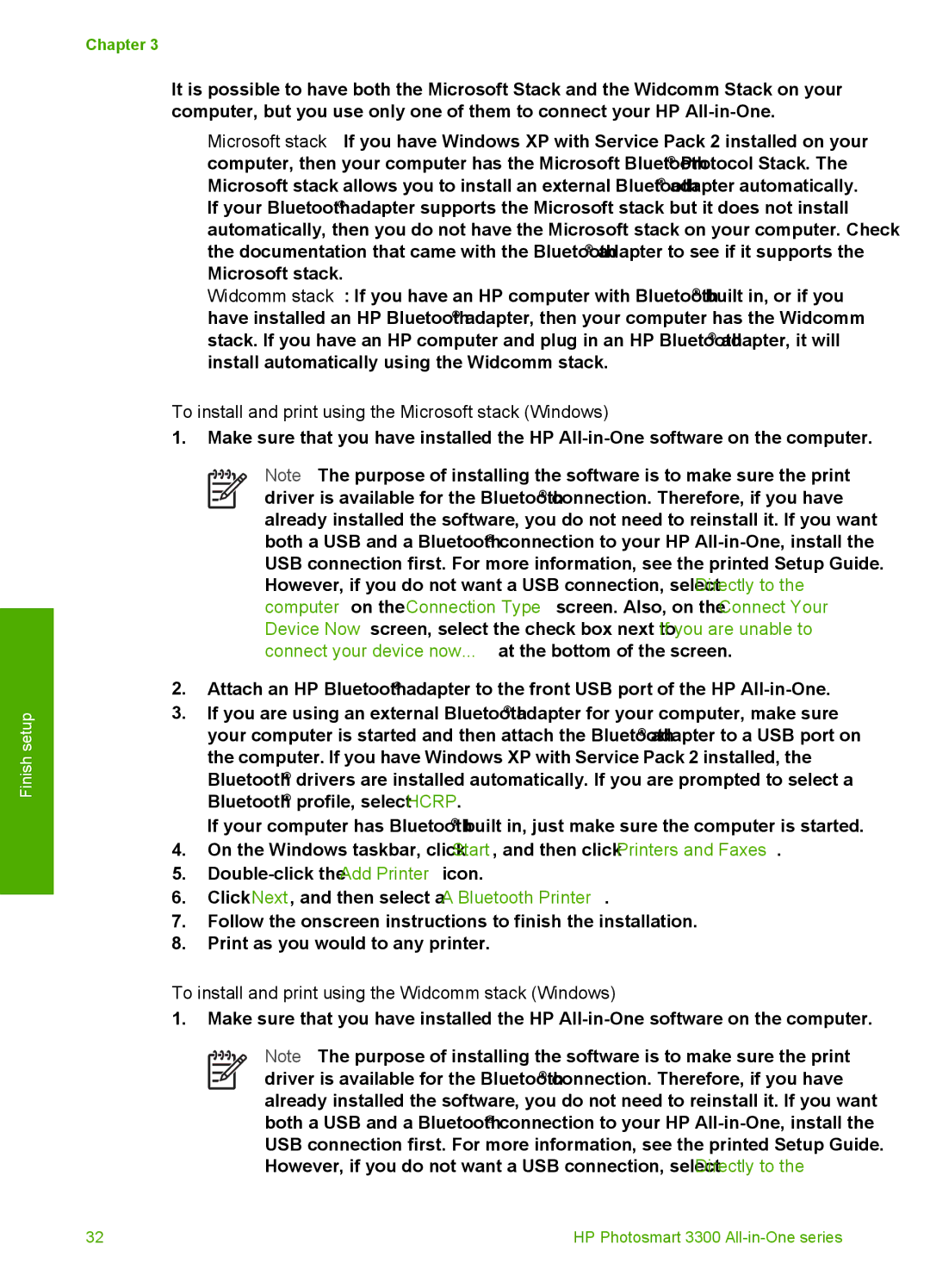 HP 3300 manual To install and print using the Microsoft stack Windows, To install and print using the Widcomm stack Windows 