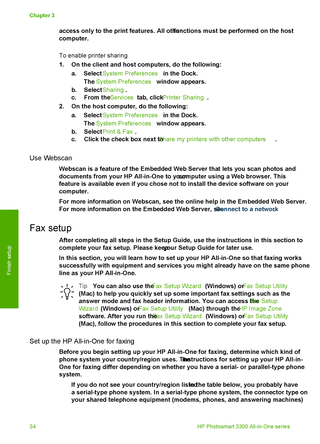 HP 3300 manual Fax setup, Use Webscan, Set up the HP All-in-One for faxing, To enable printer sharing 