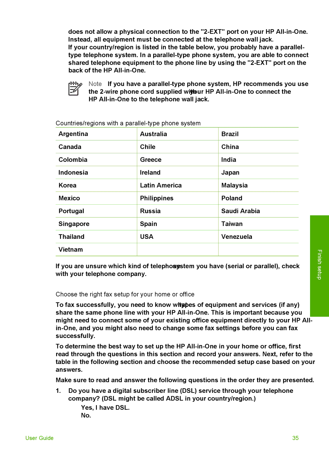 HP 3300 manual Countries/regions with a parallel-type phone system, Choose the right fax setup for your home or office 