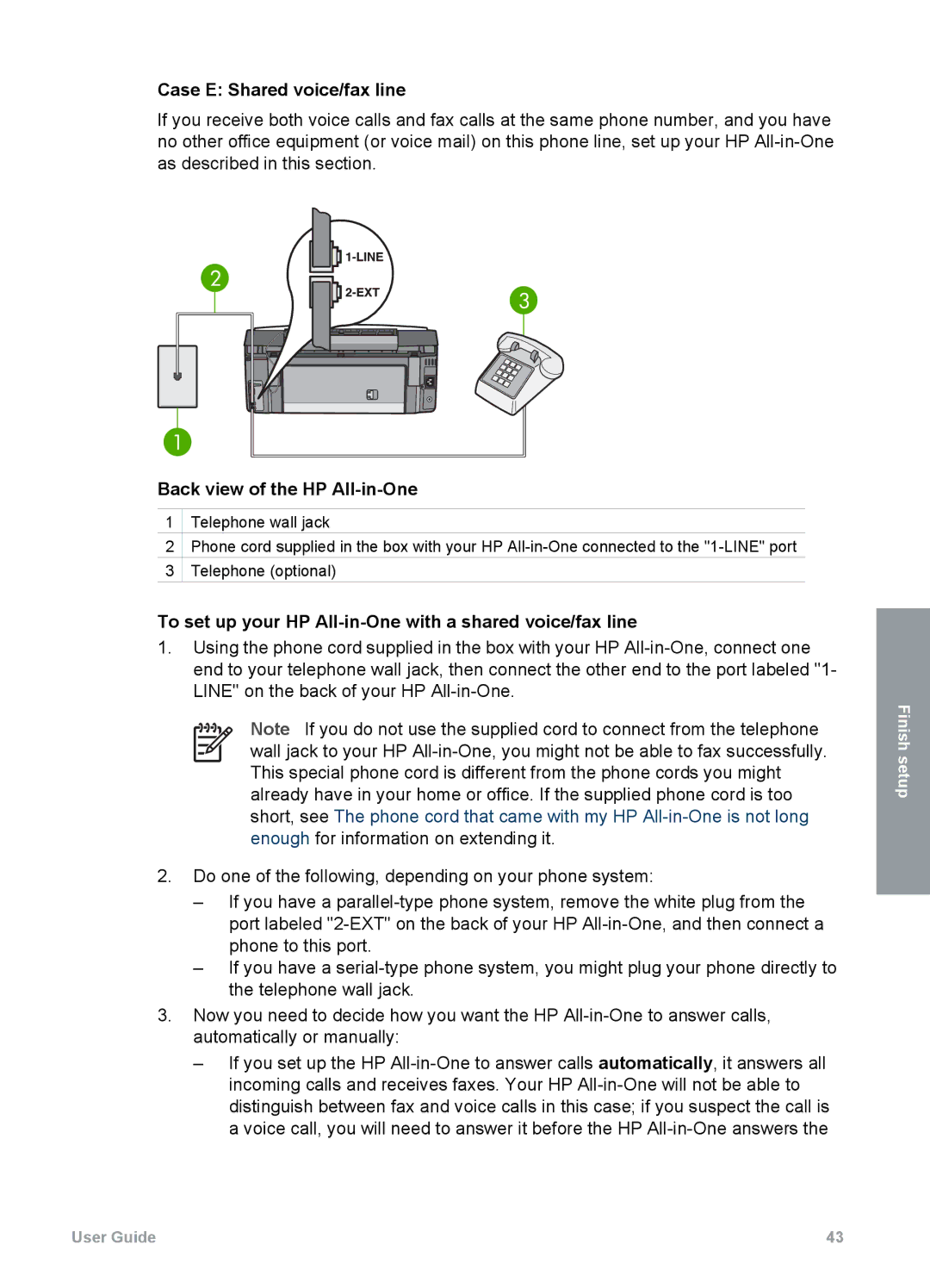 HP 3300 manual Case E Shared voice/fax line, To set up your HP All-in-One with a shared voice/fax line 