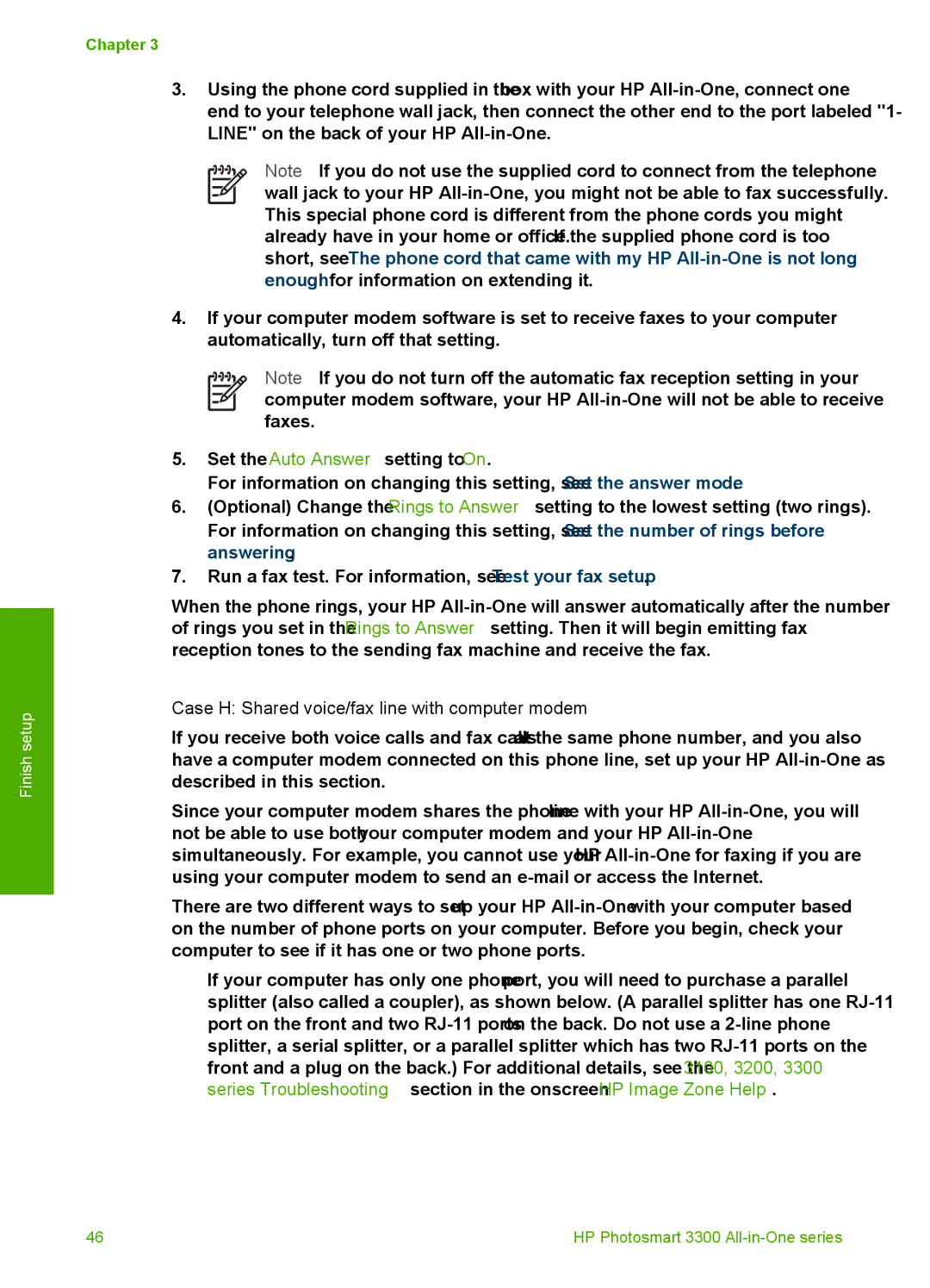 HP 3300 manual Case H Shared voice/fax line with computer modem 