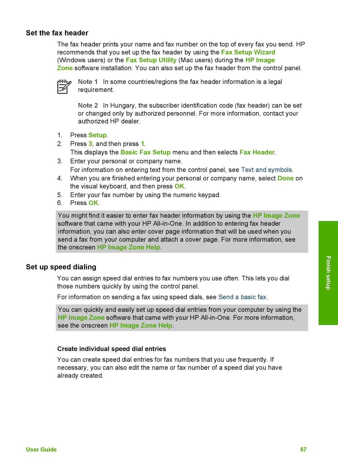 HP 3300 manual Set the fax header, Set up speed dialing, Create individual speed dial entries 