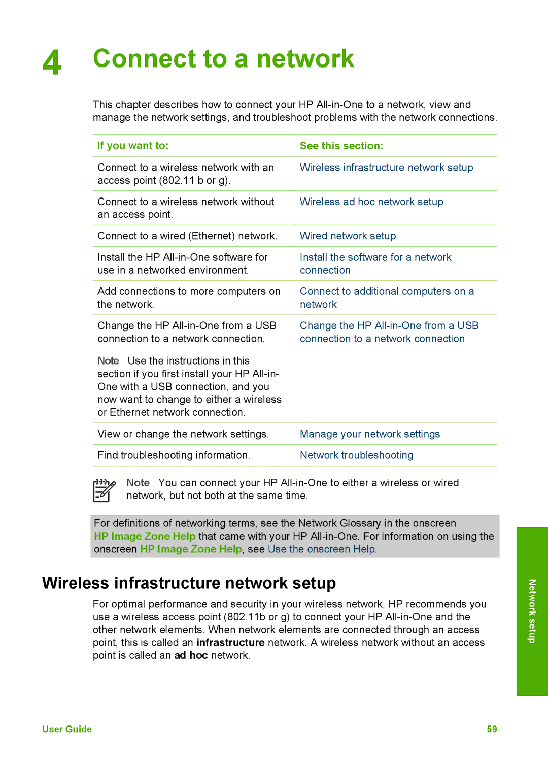 HP 3300 manual Connect to a network, Wireless infrastructure network setup, Access point 802.11 b or g 