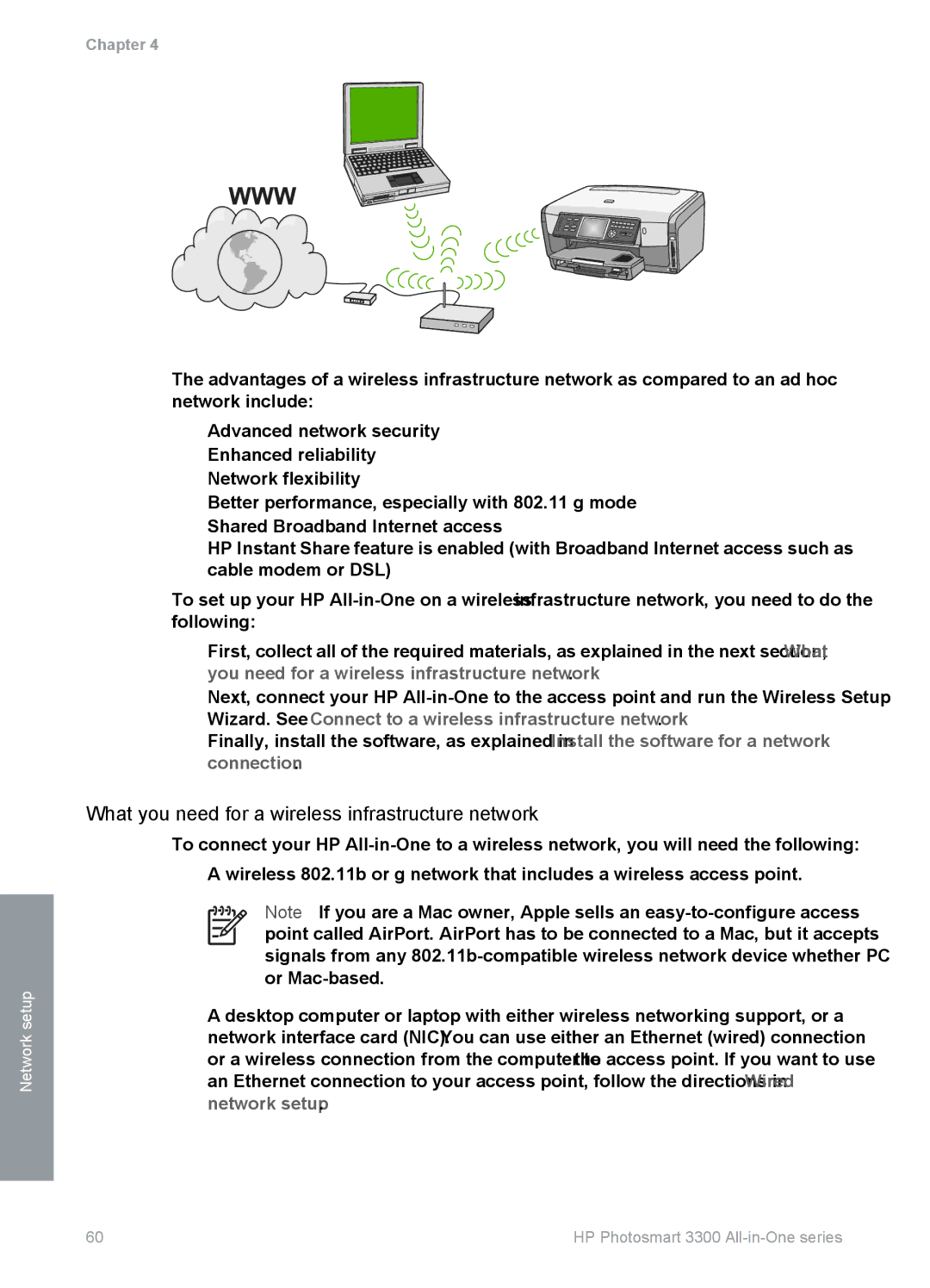 HP 3300 manual What you need for a wireless infrastructure network 