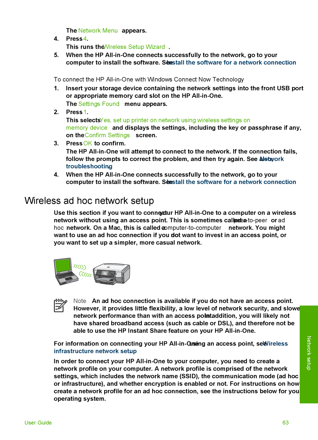 HP 3300 manual Wireless ad hoc network setup, Network Menu appears, This runs the Wireless Setup Wizard 