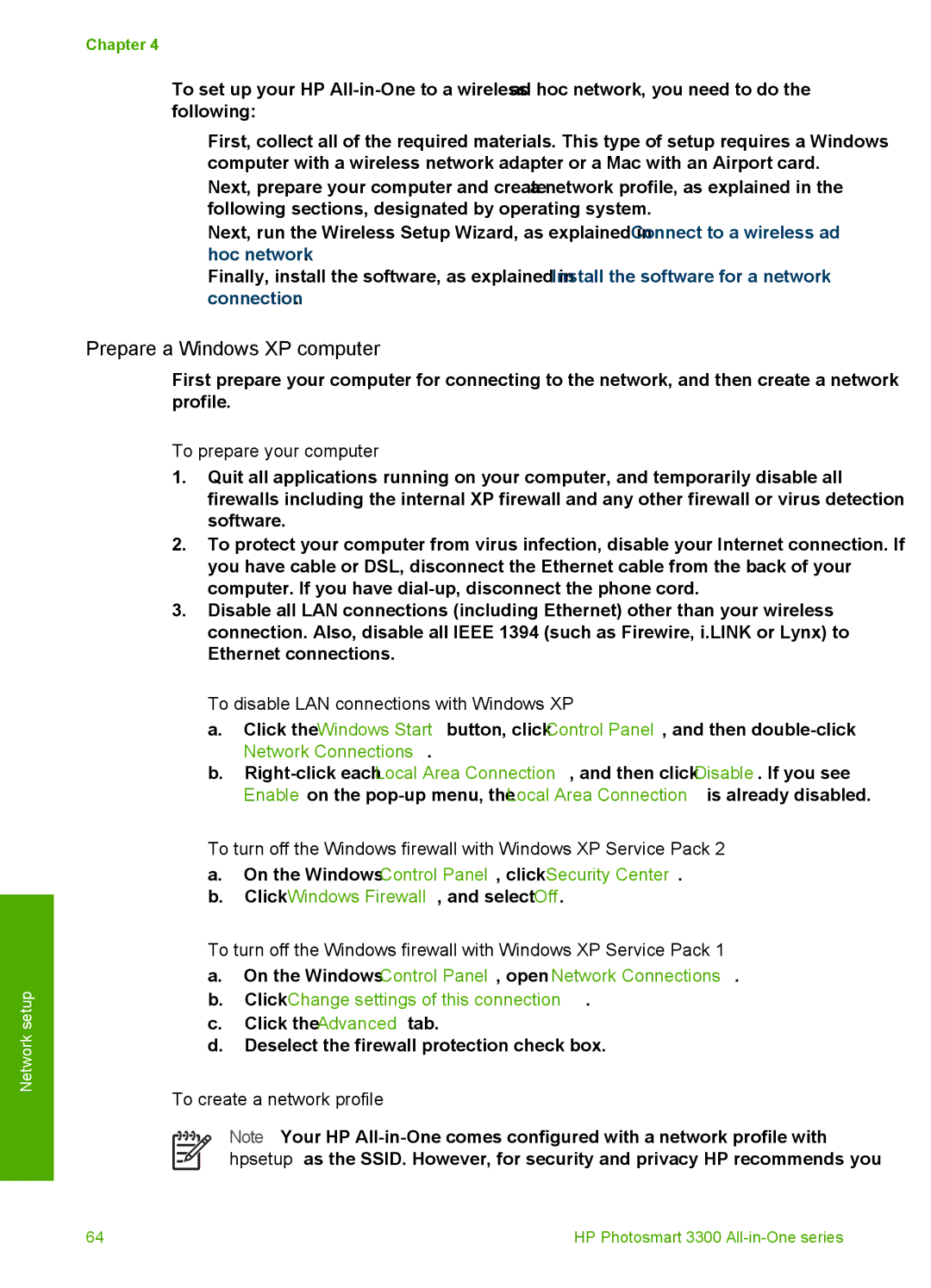 HP 3300 manual Prepare a Windows XP computer, To prepare your computer, To disable LAN connections with Windows XP 
