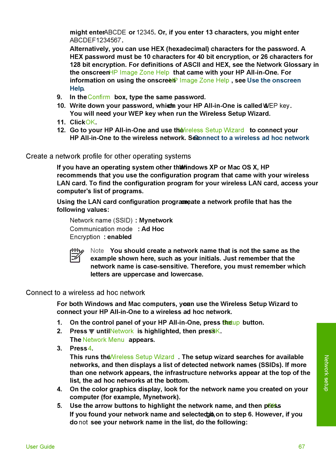 HP 3300 manual Create a network profile for other operating systems, Connect to a wireless ad hoc network 