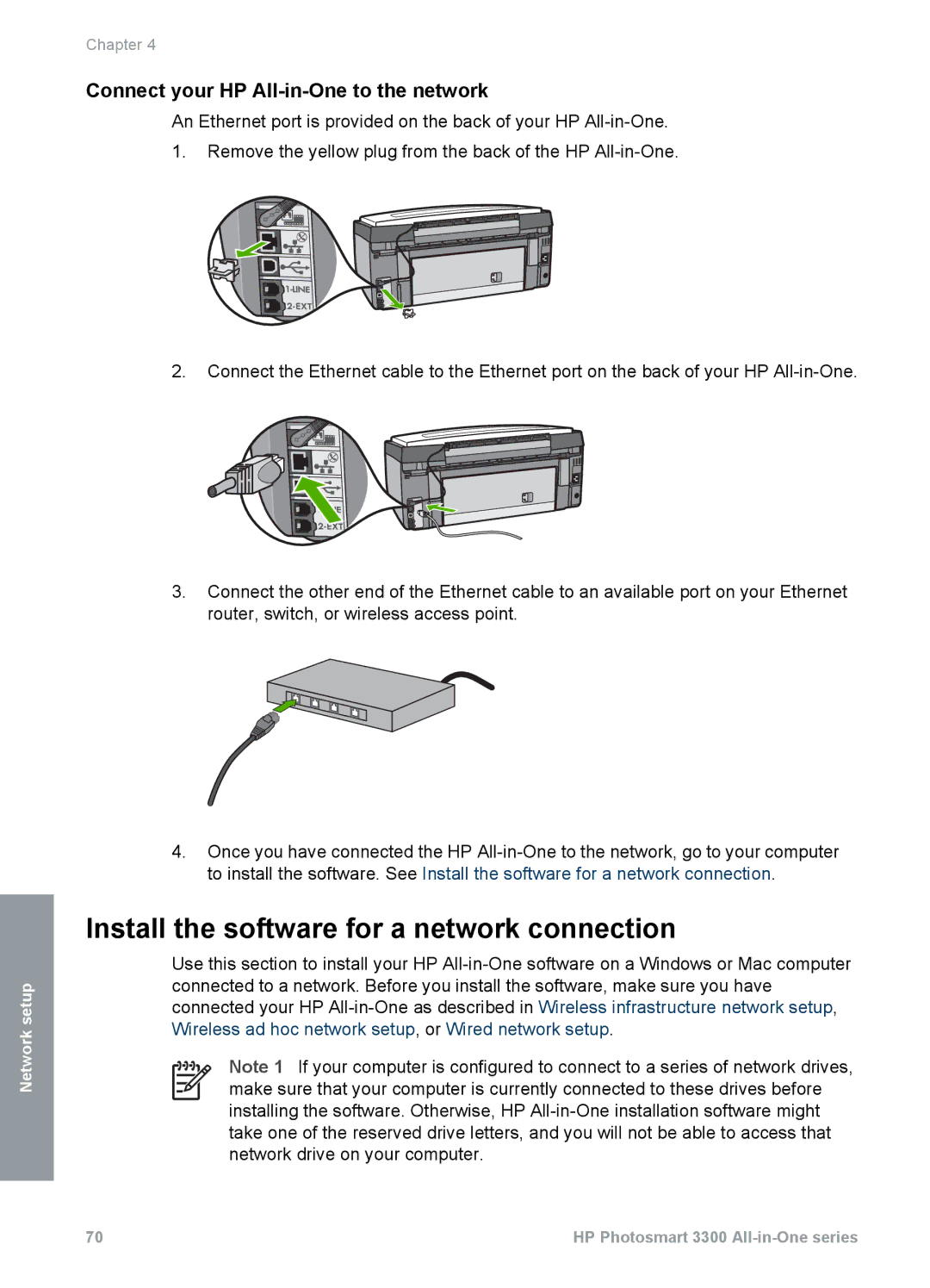 HP 3300 manual Install the software for a network connection, Connect your HP All-in-One to the network 