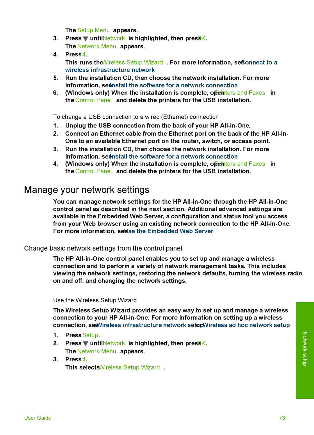 HP 3300 Manage your network settings, Change basic network settings from the control panel, Use the Wireless Setup Wizard 