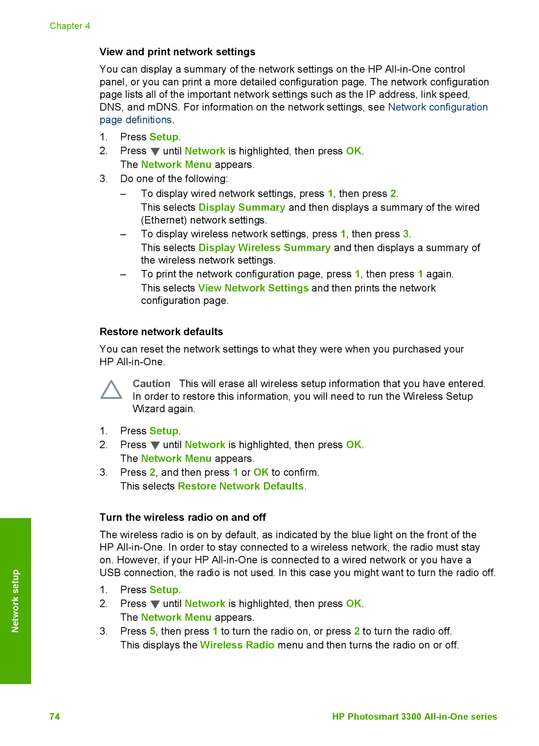 HP 3300 manual View and print network settings, Restore network defaults, Turn the wireless radio on and off 