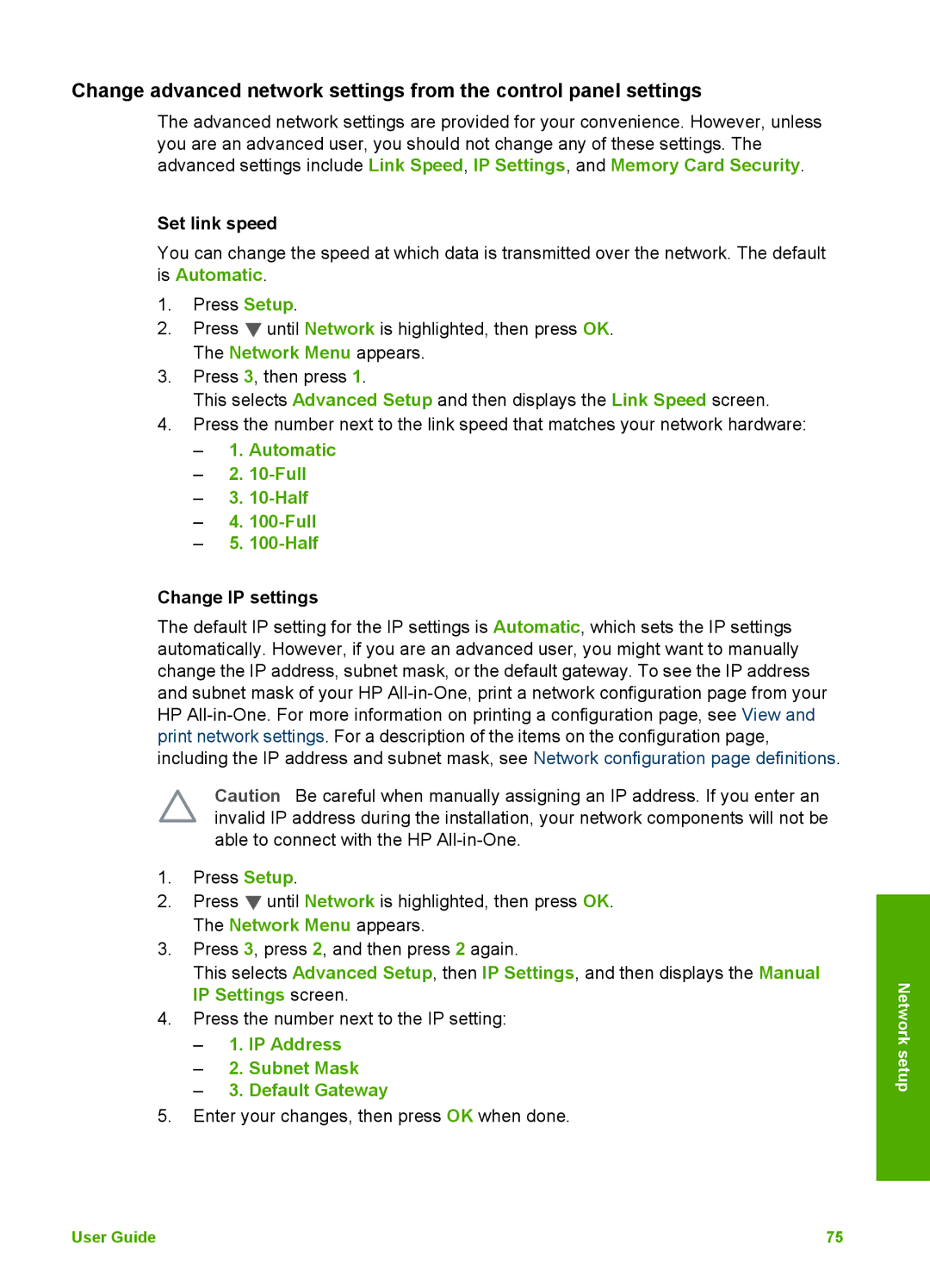 HP 3300 manual Set link speed, Automatic Full Half, Change IP settings, IP Address Subnet Mask Default Gateway 