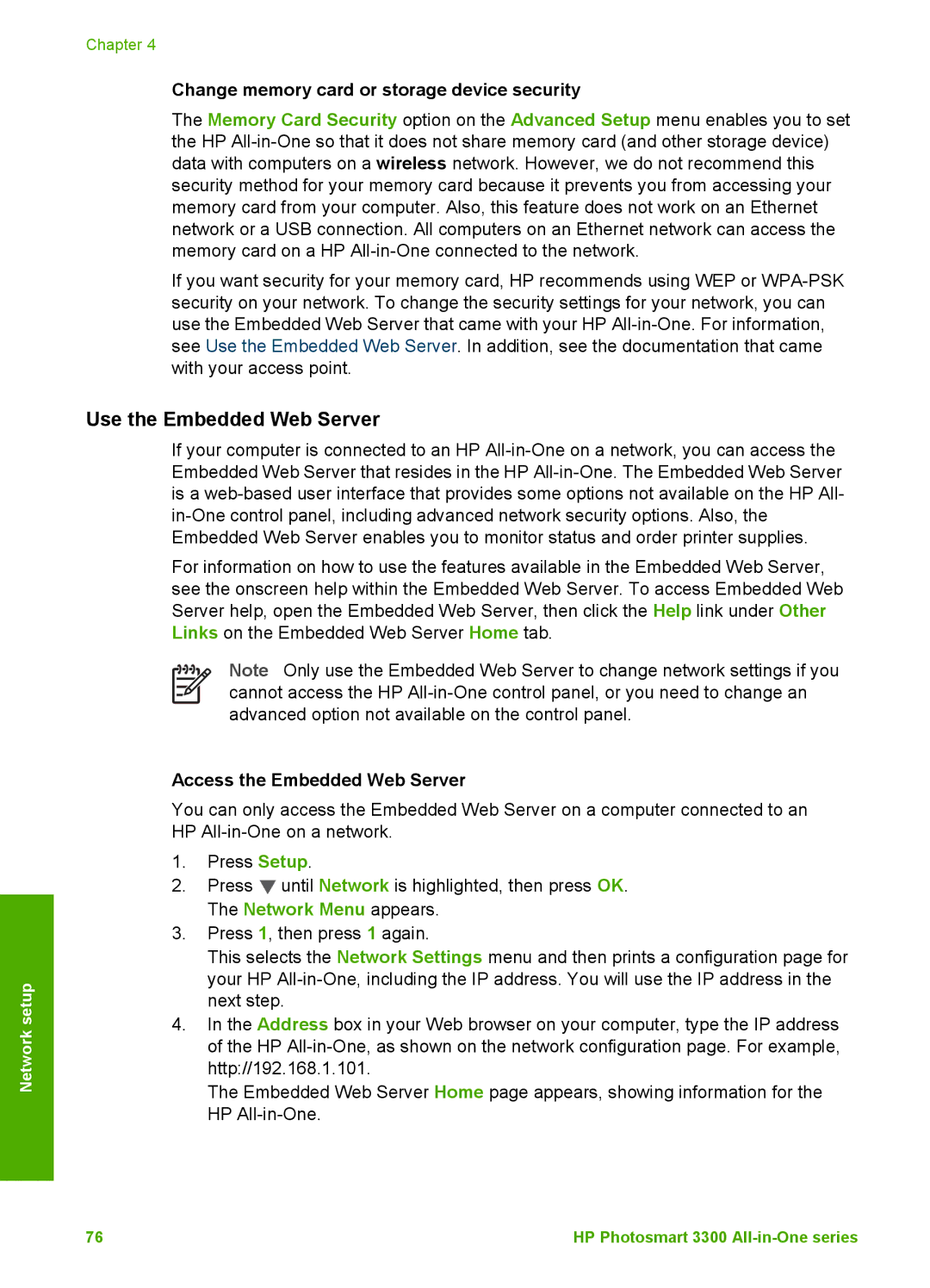 HP 3300 manual Use the Embedded Web Server, Change memory card or storage device security, Access the Embedded Web Server 