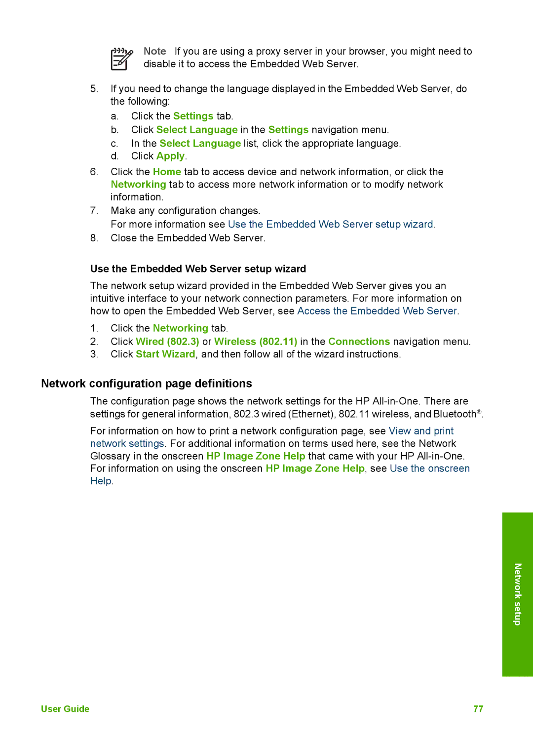 HP 3300 manual Network configuration page definitions, Use the Embedded Web Server setup wizard 